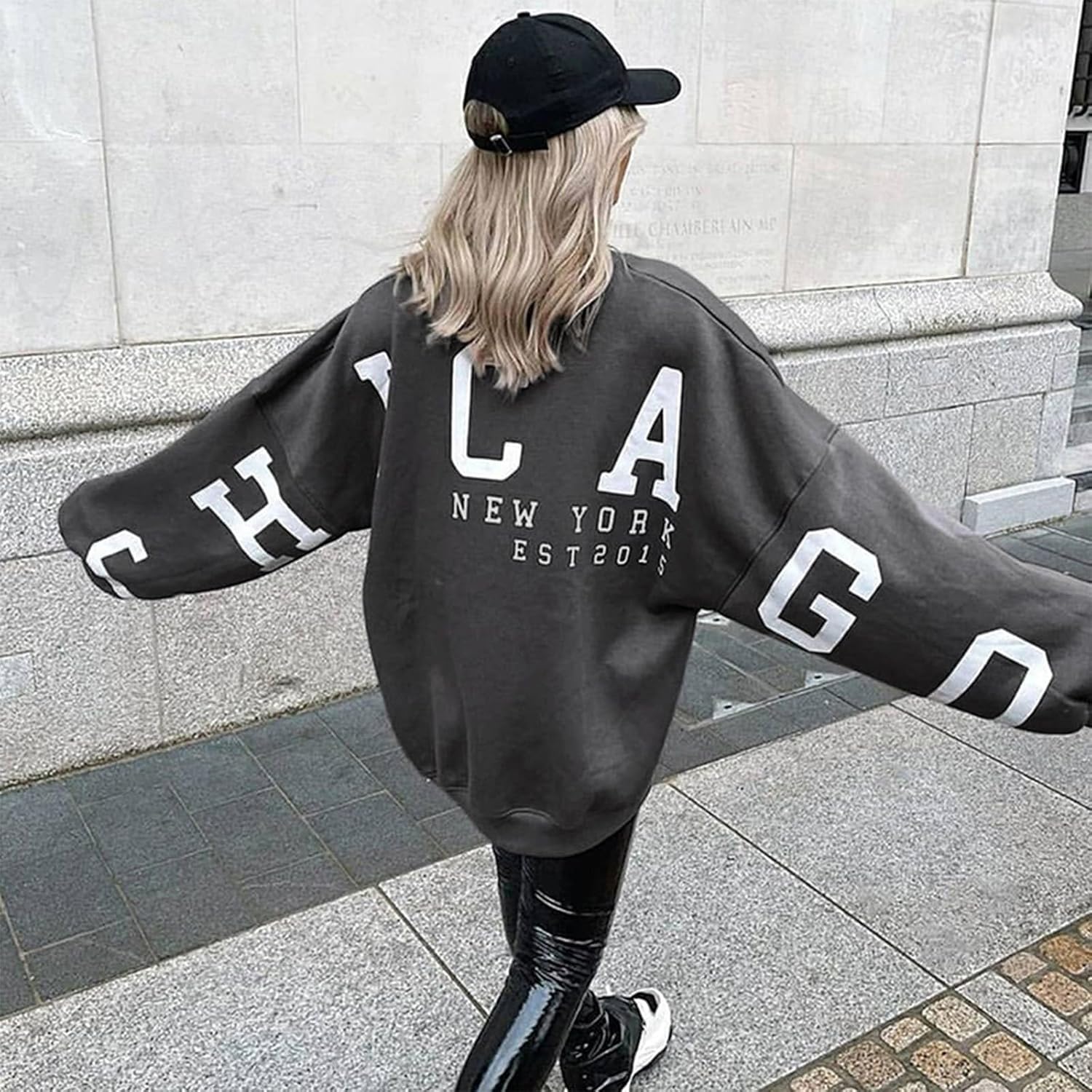 Womens Graphic Sweatshirt Y2K Oversize Letter Chicago Graphic Print Sweatshirt Drop Shoulder Crewneck Pullover Tops - Image 5