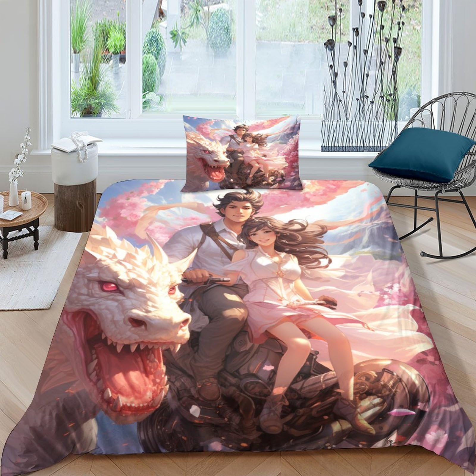 Linge de lit imprimé dessin animé 135x200 et taie d'oreiller rose pour lit simple adulte