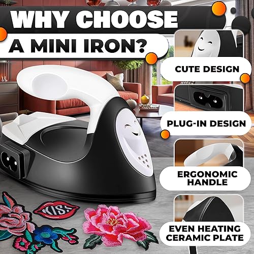 Miniatura 9 de Mini plancha para manualidades  Mini plancha de manualidades negra para parches, costura y acolchado con placa térmica de cerámica y cable largo de