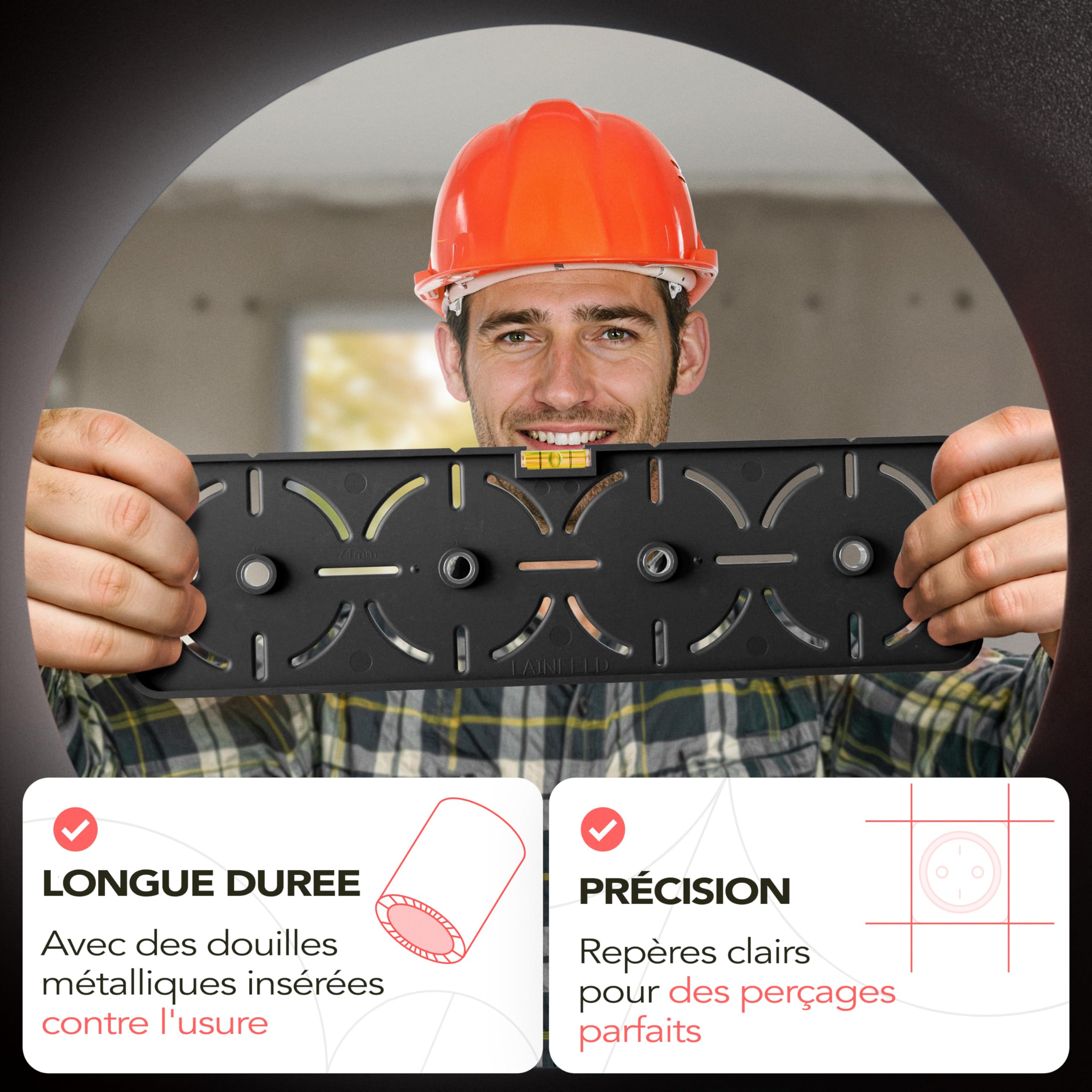 LAINFELD Gabarit de perçage pour prises | Incl. niveau à bulle | Niveau à bulle pour électriciens pour prise encastrée, boîtier encastré, boîtier à encastrer, boîtier à châssis de base