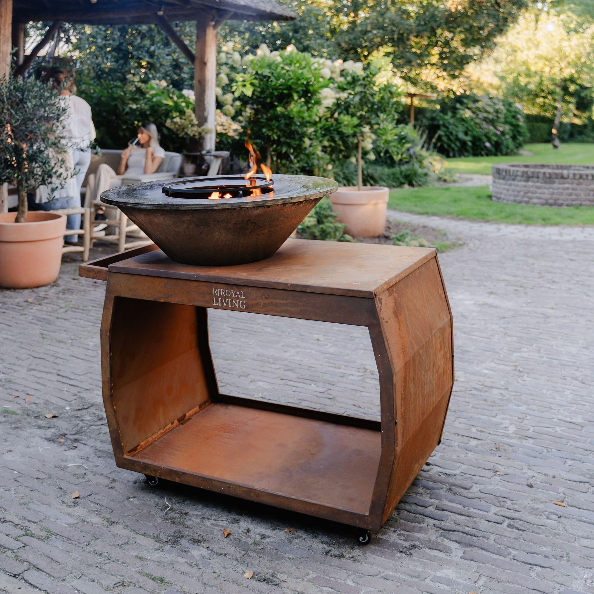 Barbecue Plancha Grill Big Jack 3.0 in acciaio Corten, anello di fuoco, braciere con piastra di fuoco, cestino per il fuoco, braciere