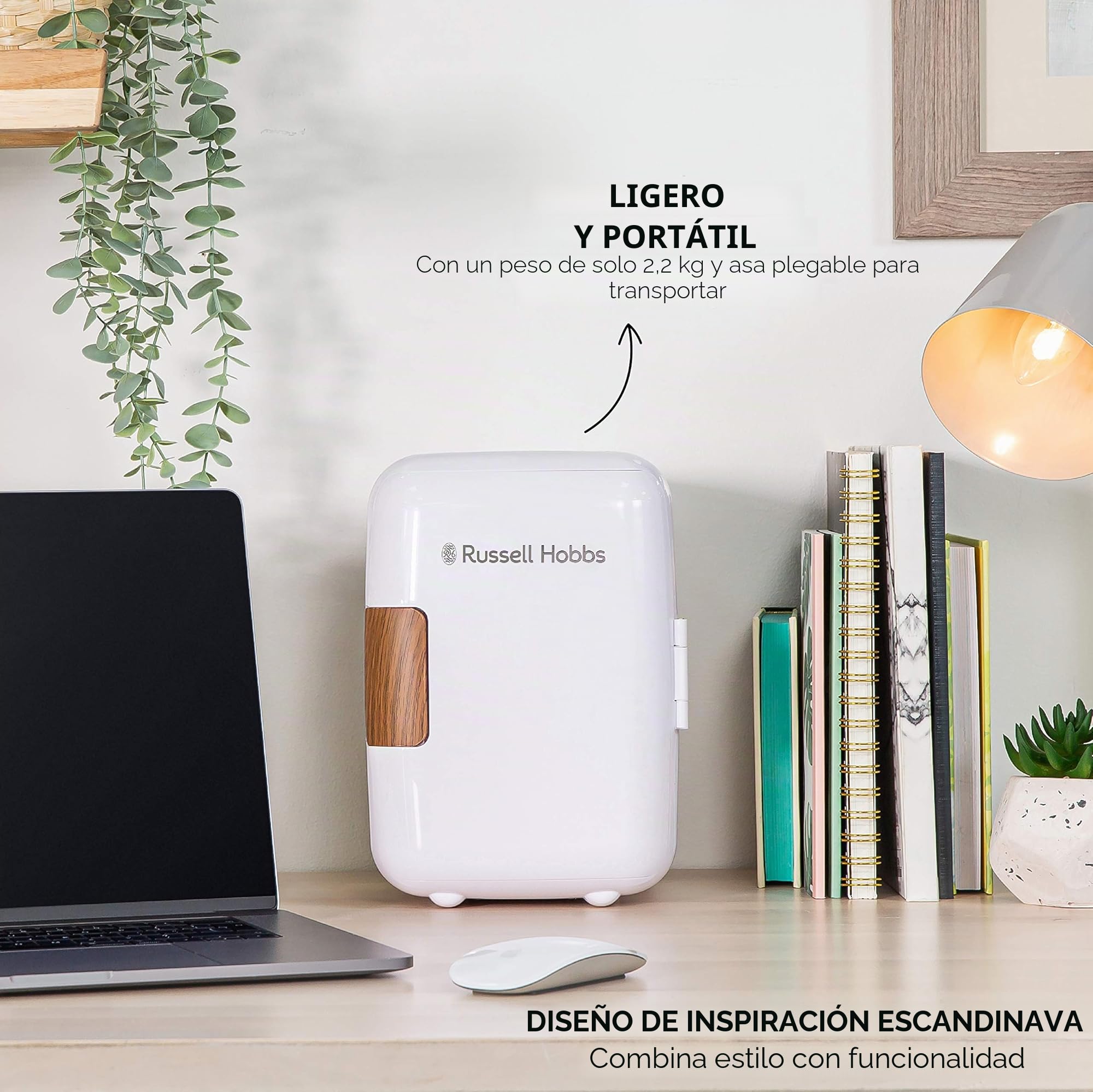 Russell Hobbs RH4CLR1001SCW minirefrigerador portátil de 4 L/6 latas, CA/CC, enfriador y calentador para bebidas, cosméticos/maquillaje/cuidado de la piel, estilo escandinavo, blanco y efecto madera