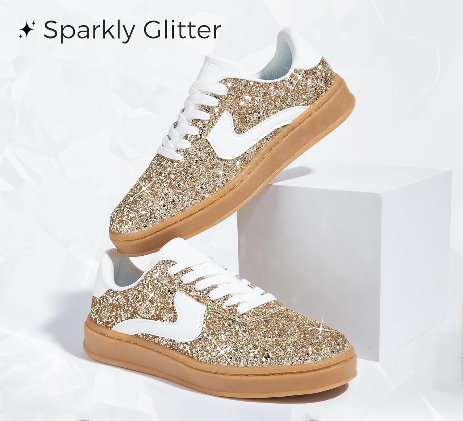 LUCKY STEP Women's Glitter Sneakers Fashion Retro Casual Sparkly Bling Shiny Dressy Bedazzled Bridal Wedding Anti Slip Walking Shoes - Image 3