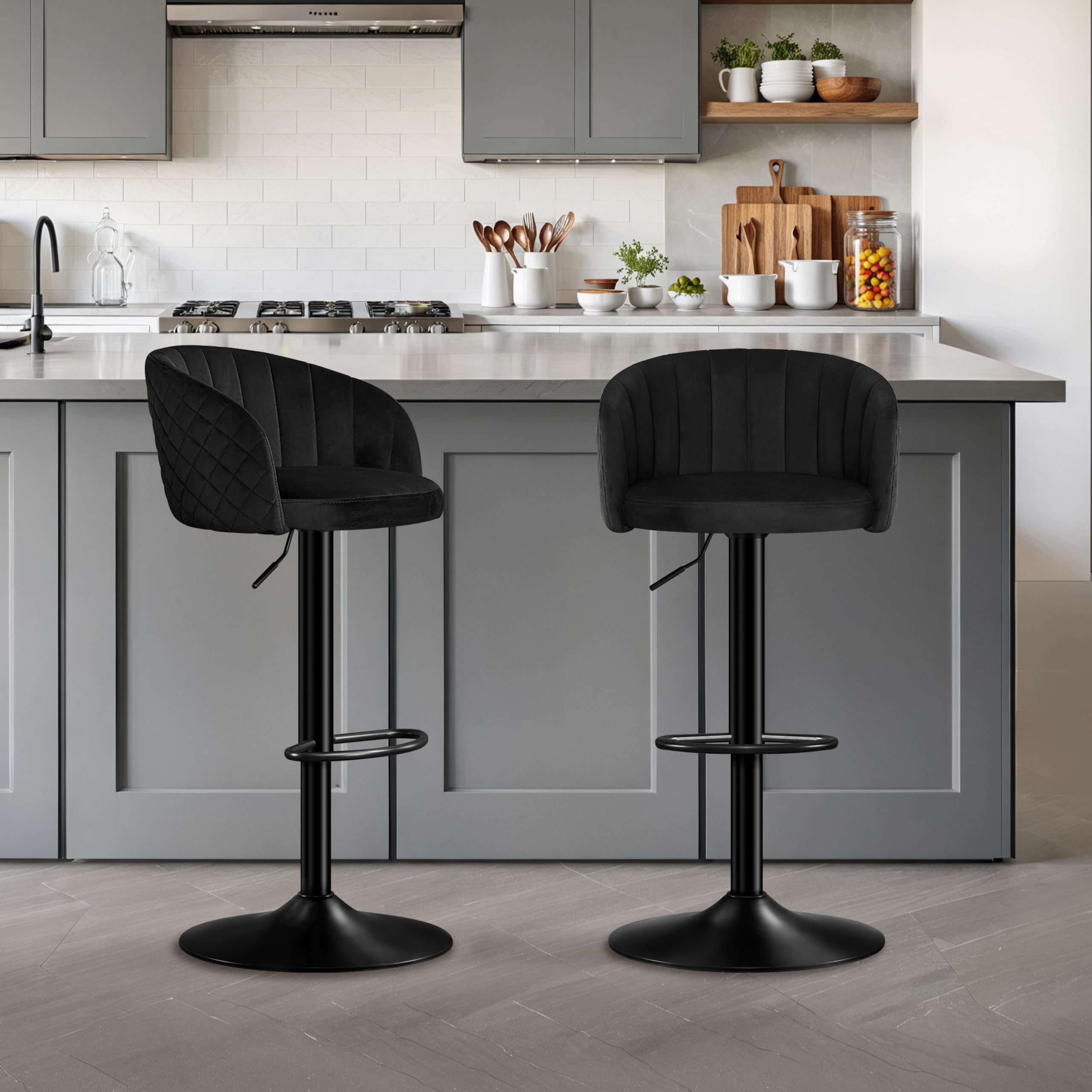 STOOLINK Taburete de Bar Juego de 2, Silla de Bar con Tela Terciopelo de Leche Altura Ajustable, Taburetes Cocina con Respaldo y Reposabrazos, Silla de Bar Rotación de 360°, Taburete Alto 150kg-Negro