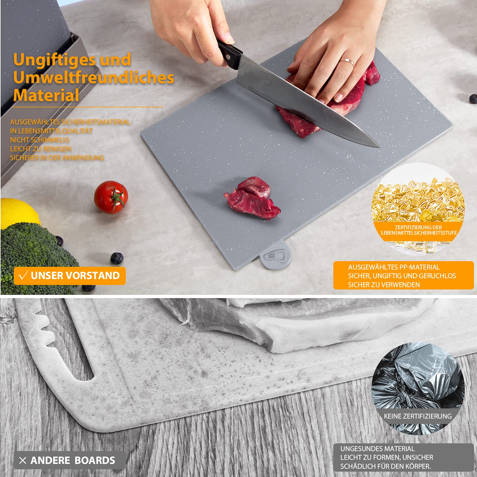 Myiosus Set di 4 Taglieri da Cucina in Plastica, con Supporto, Antiscivolo, Lavastoviglie Disponibile, con Forbici Multifunzionali, per Carne, Pesce, Verdure, Cibo Cotto