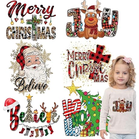 Christmas Heat Transfer Vinyl Merry Christmas Iron on Patches, 6 Sheets Christmas...