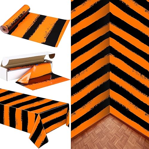 Tudomro 100Ft Halloween Scary Carnival Tablecloth Roll Black & Orange Table Cloths Stripe Disposable PE Table Cover for Horror Party Decorations Halloween Party Decor Supplies