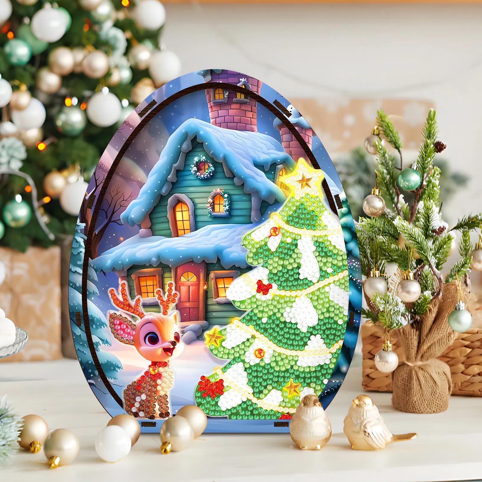 Syntego 3D DIY Christmas Reindeer Scene Diamond Painting Kit I Acrylic Crystal Rhinestone Wooden Table Top Decorations for Home Holidays & Special Occasions I Long-Lasting - Image 4