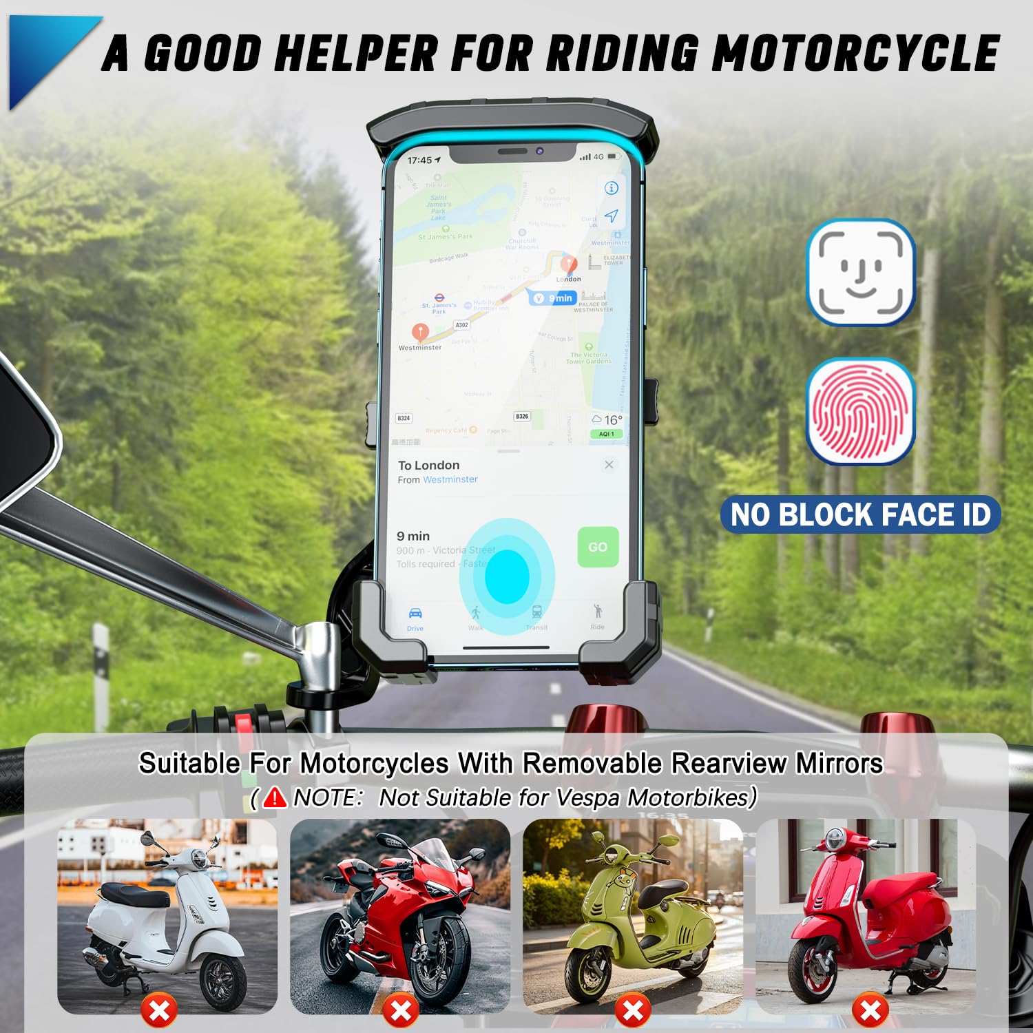 Support Téléphone Moto 360° Rotation Anti-Vibrations Support Smartphone Moto Anti-secousse Porte Telephone Scooter Antirouille Support Telephone Scooter Retroviseur pour 4-7'' Smartphone (Noir)