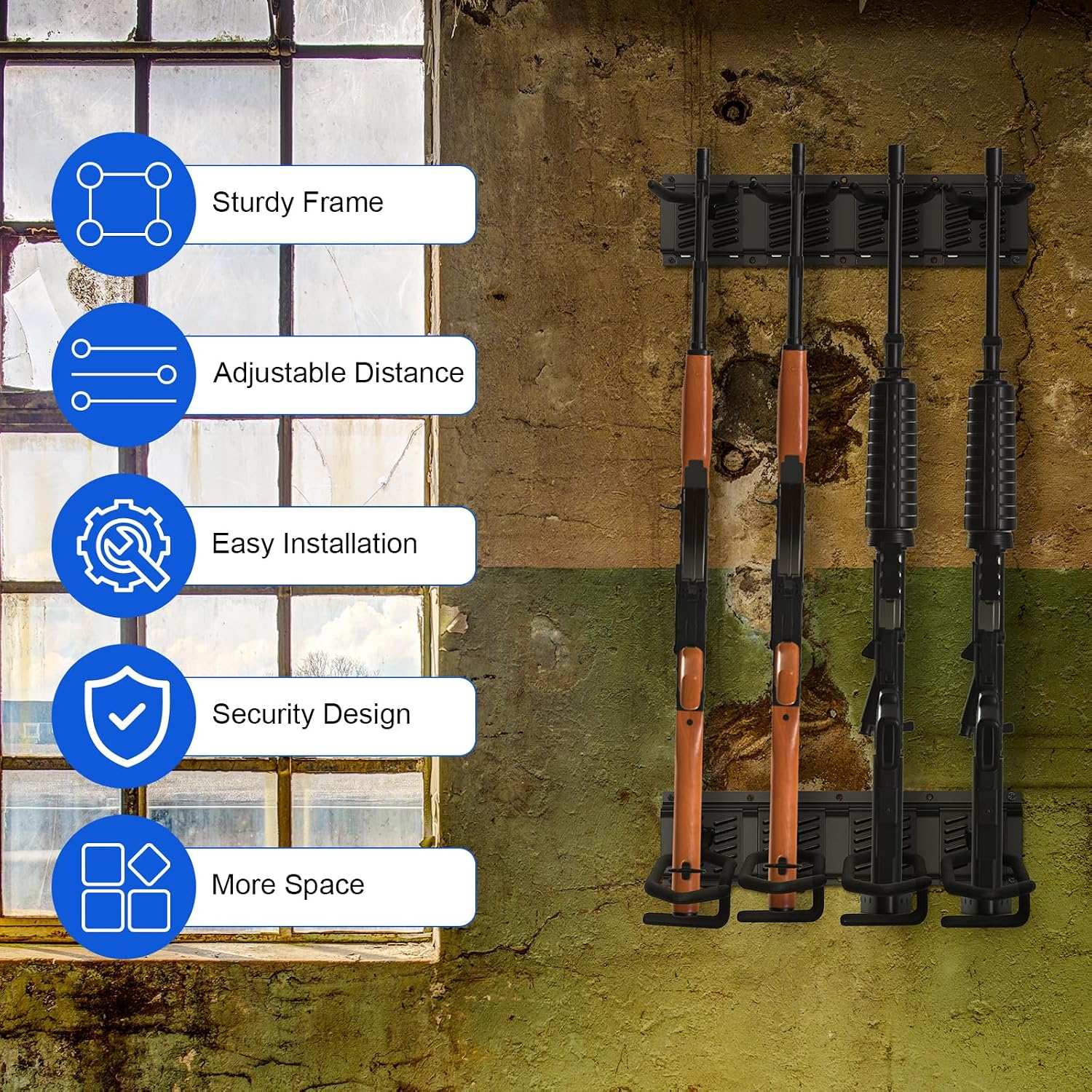Nandae Upgrade Gun-Rack for Wall, Heavy Duty Steel Gun-Rack-Wall-Mount, Adjustable 1/4/8 Slot Indoor-Gun-Racks for Home or Garage Safe Hunting Gun Storage - Holds up to 4 Long Guns