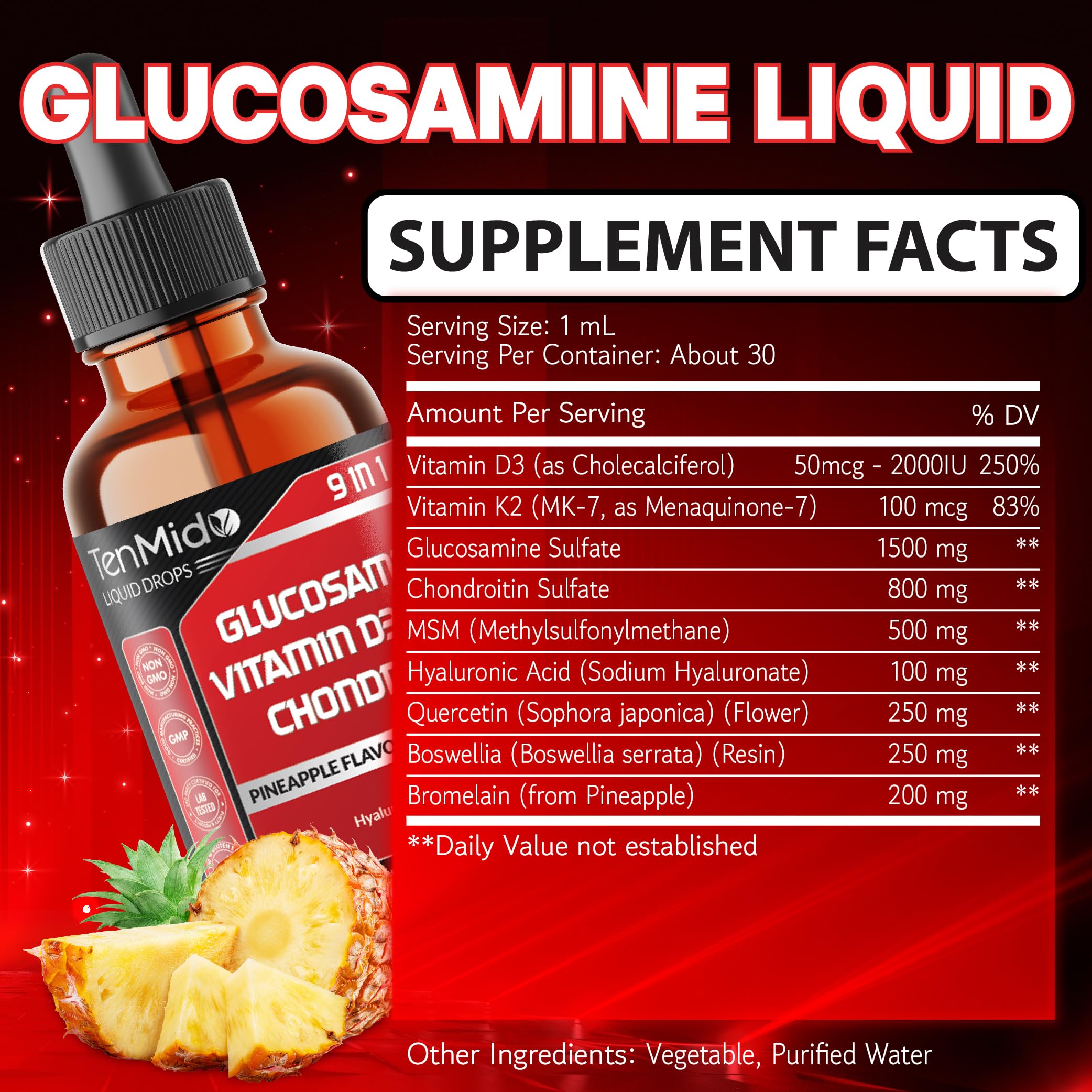 Glucosamine Chondroitin MSM Liquid Drops - 9in1 with Vitamin D3, Vitamin K2, Hyaluronic Acid, Quercetin, Boswellia, and Bromelain - Vegan, Non-GMO - 30ml 1 Fl Oz — Amazon image 2