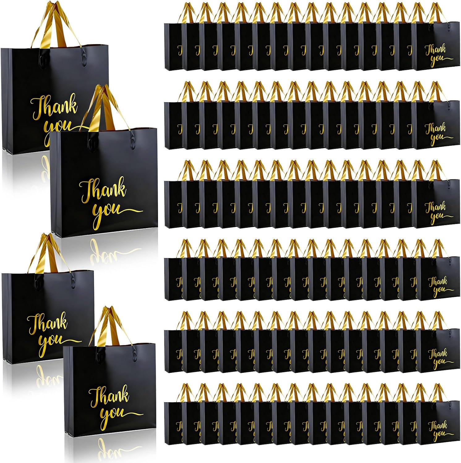 Tobeelec 100 Pack Thank You Plastic Shopping Bags for Small Businesses, Thank You Shopping Gift Bags Boutique, Plastic Merchandise Gift Bags with Handles for Customers Party Favors (Black, 2 Sizes)