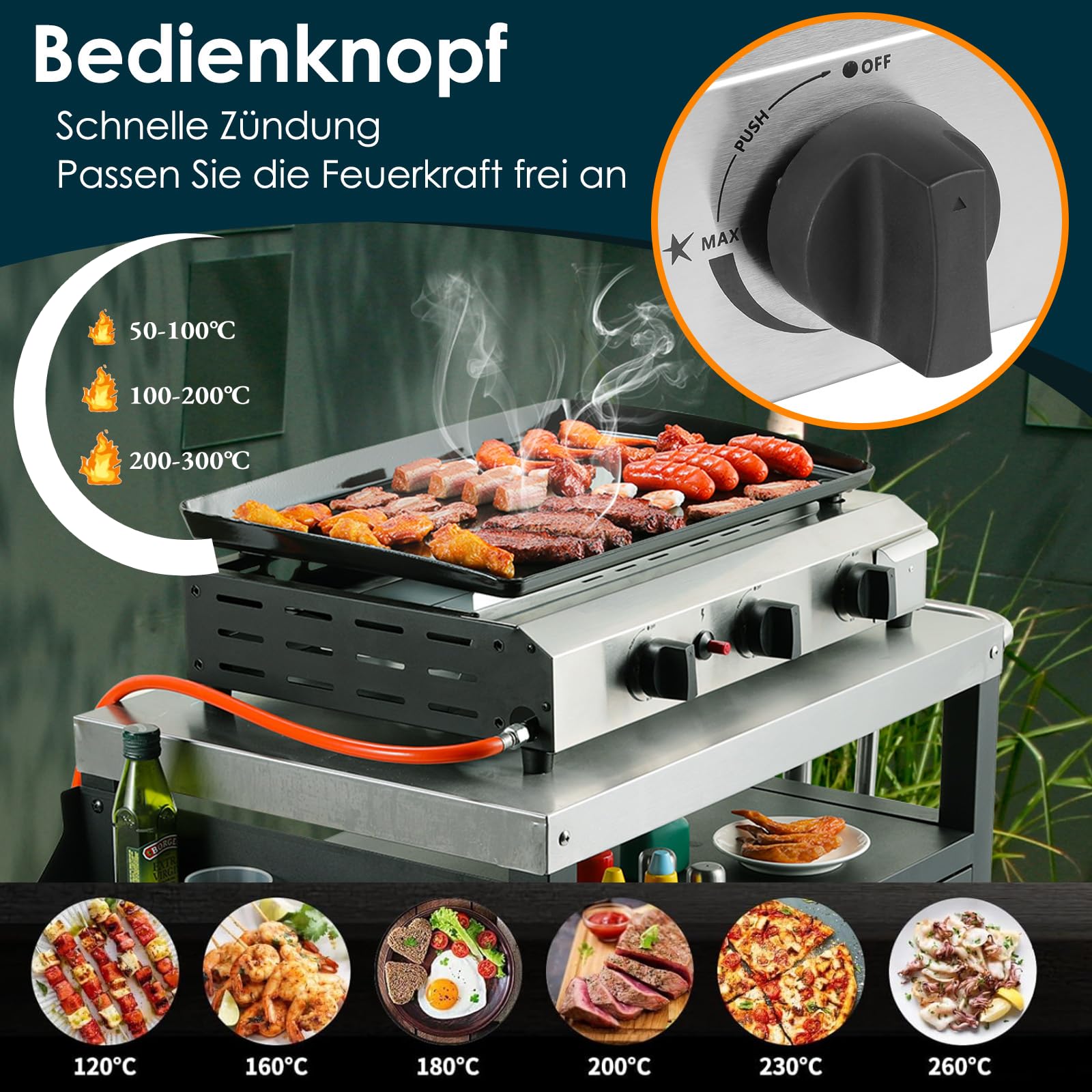 LIFERUN Gas Plancha Grillplatte,Kompakt Tischgasgrill,3 Brenner Gasgrill Edelstahl(7,2 KW (25000 BTU),Keramische Lackbeschichtung Grillfläche,Tragbarer Balkon Camping Picknick BBQ Grill(Butan/Propan)