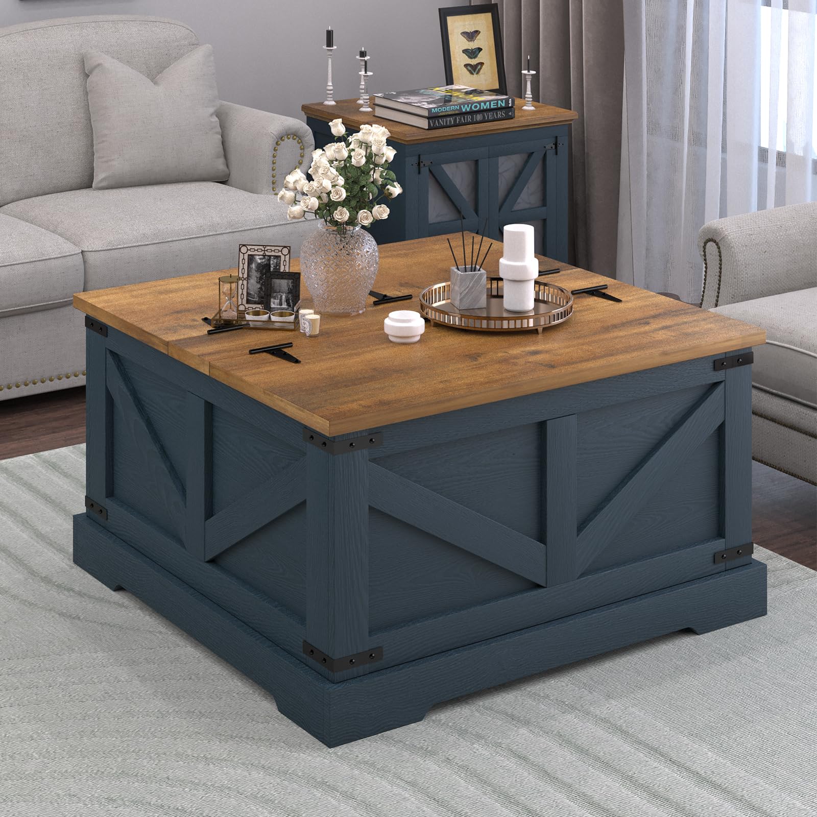 REVOMINCA Farmhouse Coffee Table with Hidden Storage Compartment Square Coffee Table for Living Room Wood Center Table with