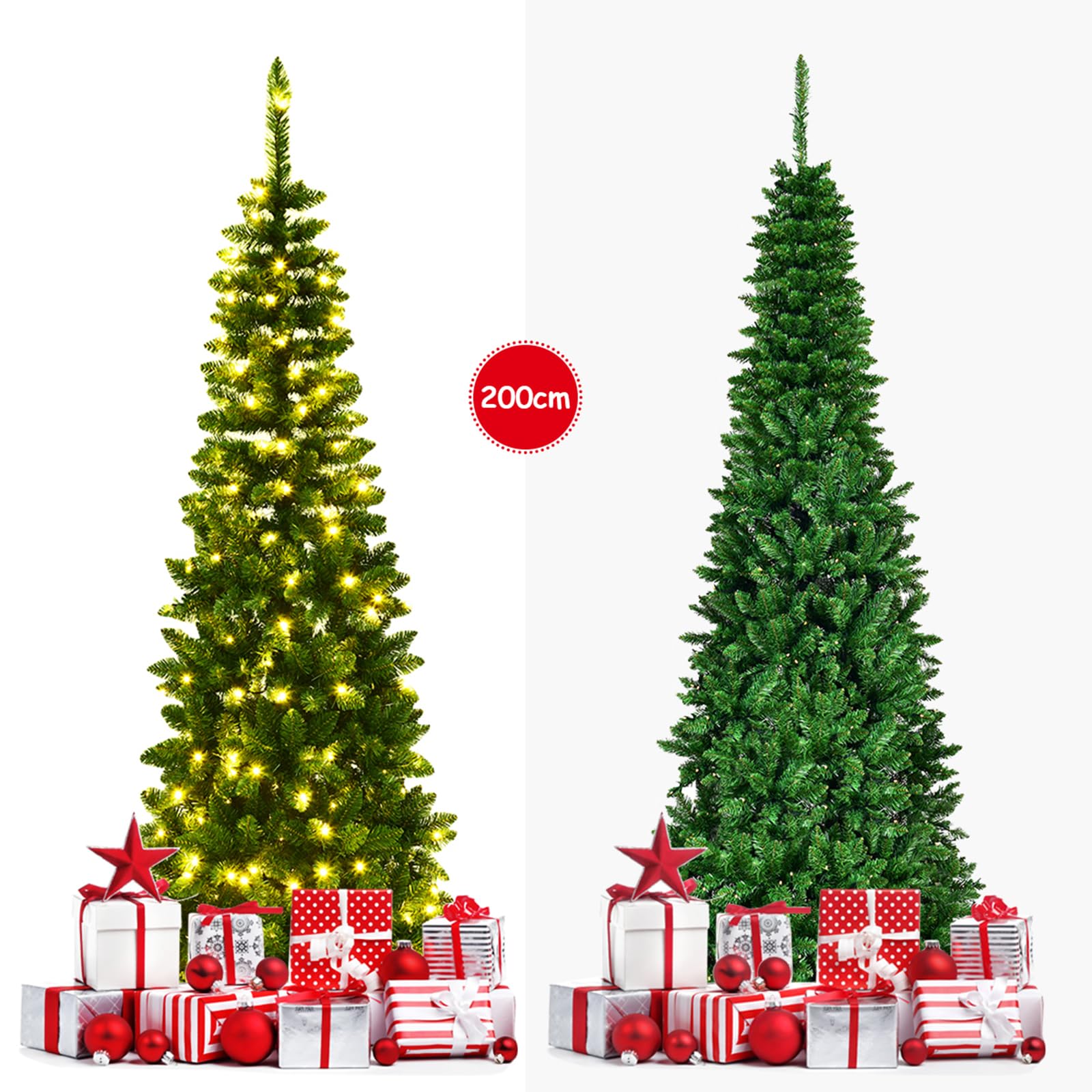 COSTWAY Albero di Natale 135/200/225 cm, Albero di Natale Slim con 150/250/350 Luci a LED Calde, 226/708/1085 Rami Folti e Base di Metallo, Ideale per Casa, Ufficio e Negozio (200 cm)