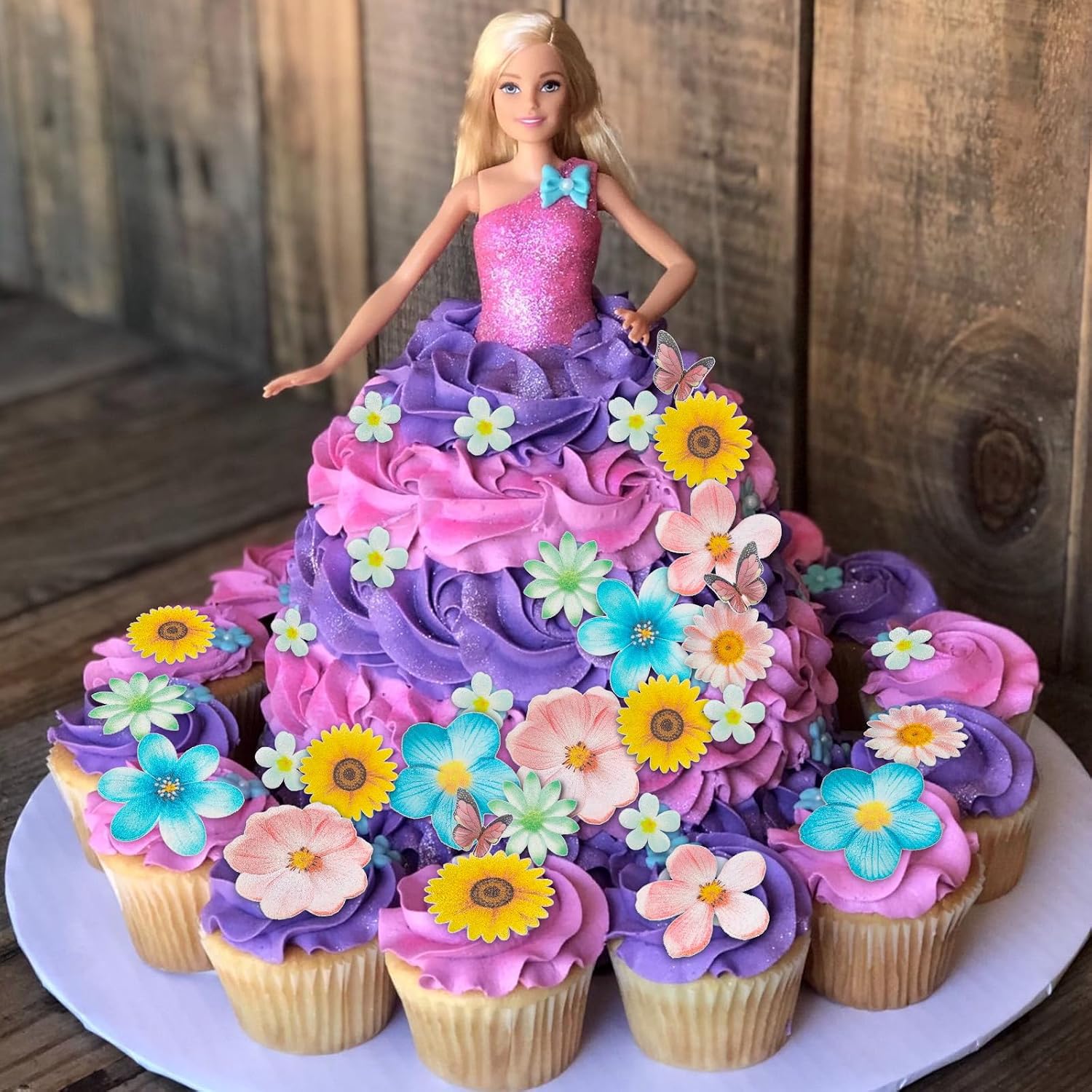 Morofme 55pcs Edible Flower Butterflies Cake Topper Wafer Paper Flower Cupcake Toppers Hawaiian Flower Cake Decorations Mixed Size for Tropical Luau Themed Birthday Baby Shower Party Supplies image 3