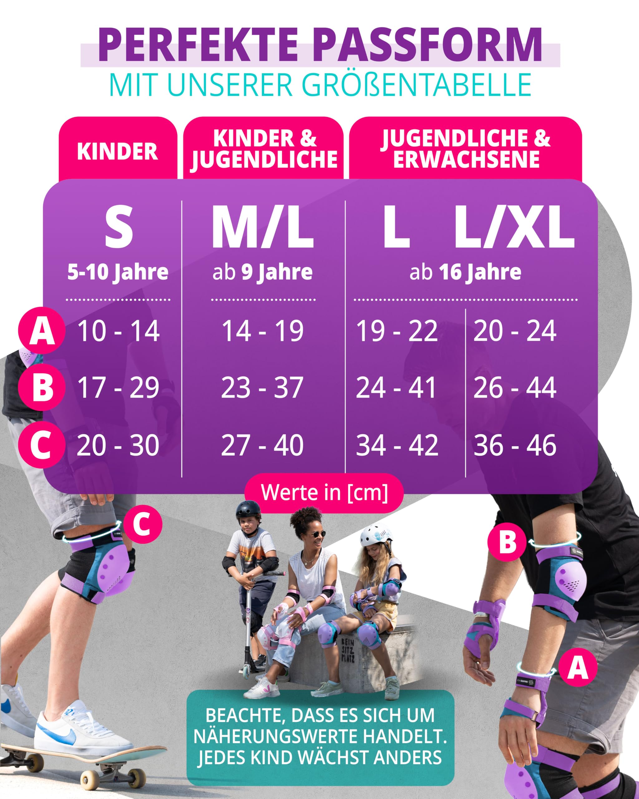 SKATEWIZ Protektoren Kinder - Knieschoner Kinder - Schoner Inliner Knieschützer - Schützer Inliner - Knie und Ellenbogenschützer - SMASH Größe S Blau Violett