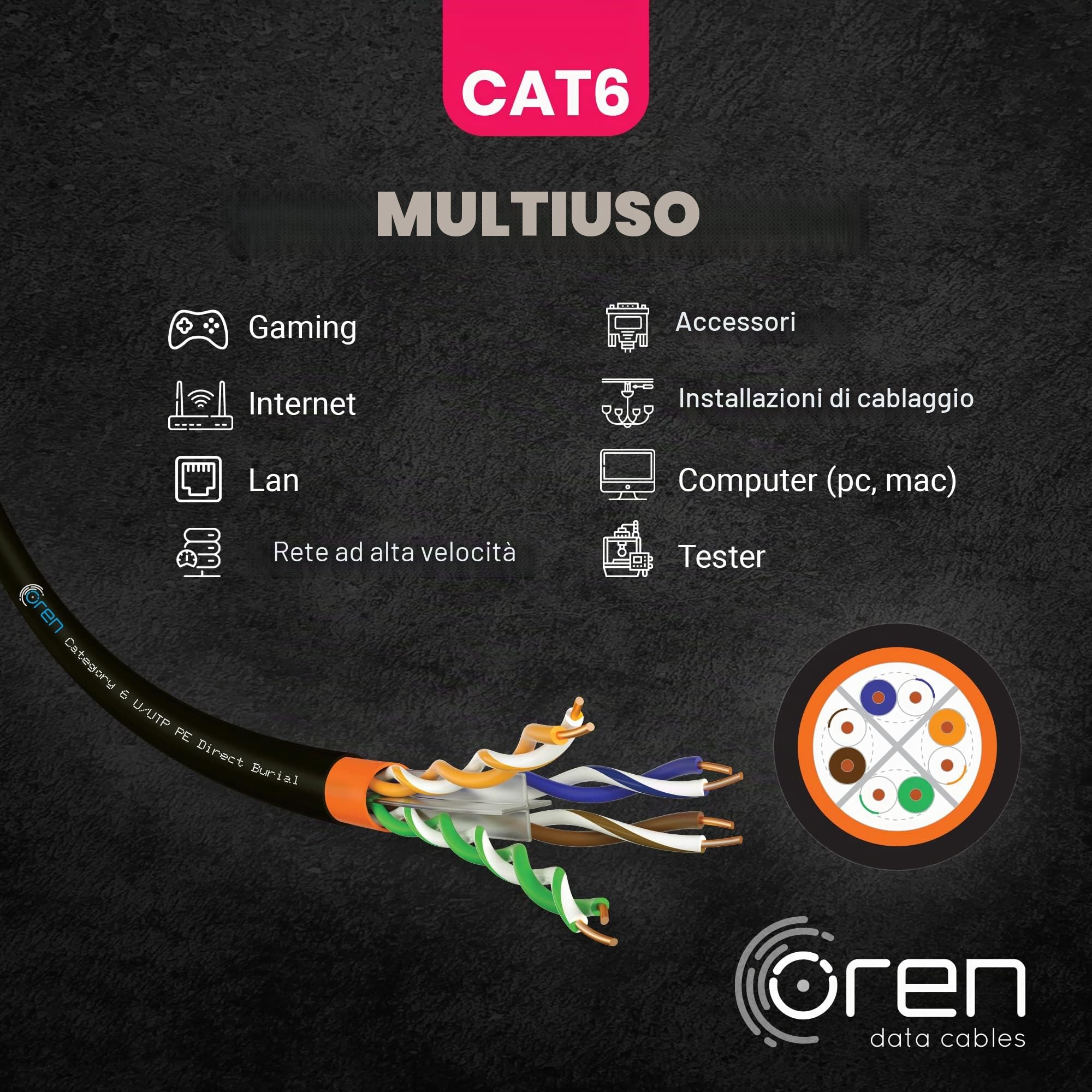 Oren CAT6 100m Cavo Ethernet da Esterno - Interramento Diretto - 23 AWG Cavo in Rame Nudo- 400 MHz Larghezza Banda UTP Cavo di Rete LAN Internet- senza alogeni, anticorrosivo – Gigabit