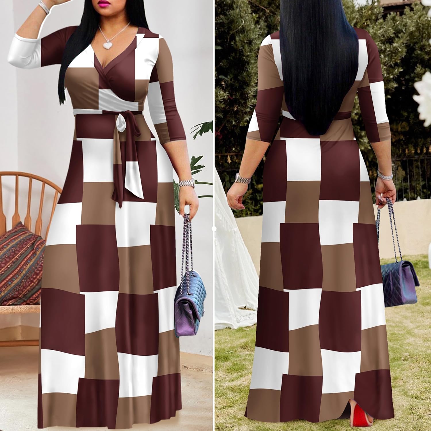 FANDEE Women Print Maxi Dress V Neck 3/4 Sleeve for Women Casual Tie Waist Belted Dresses - Image 4