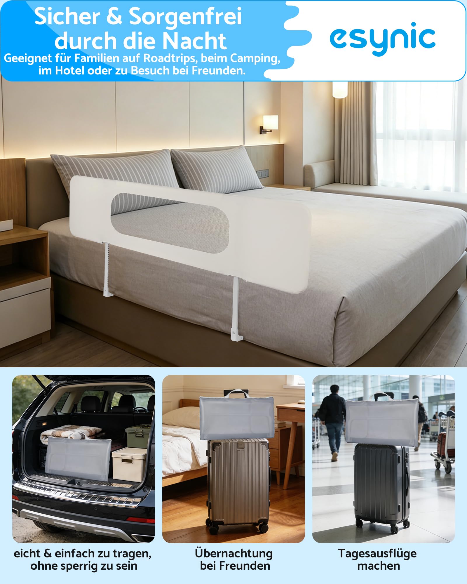 eSynic Tragbares Bettschutzgitter 150 cm Cremeweiß Bettgitter Mobiler Rausfallschutz für Kinder & Kleinkinder Höhenverstellbares Babybettgitter Familienbett Doppelbett Hotelbett für Zuhause & Reisen
