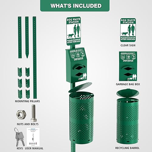 Miniatura 9 de POCHAR Estación de eliminación de desechos de perros de aluminio inoxidable para parques de mascotas, estación de 10 galones para excrementos de