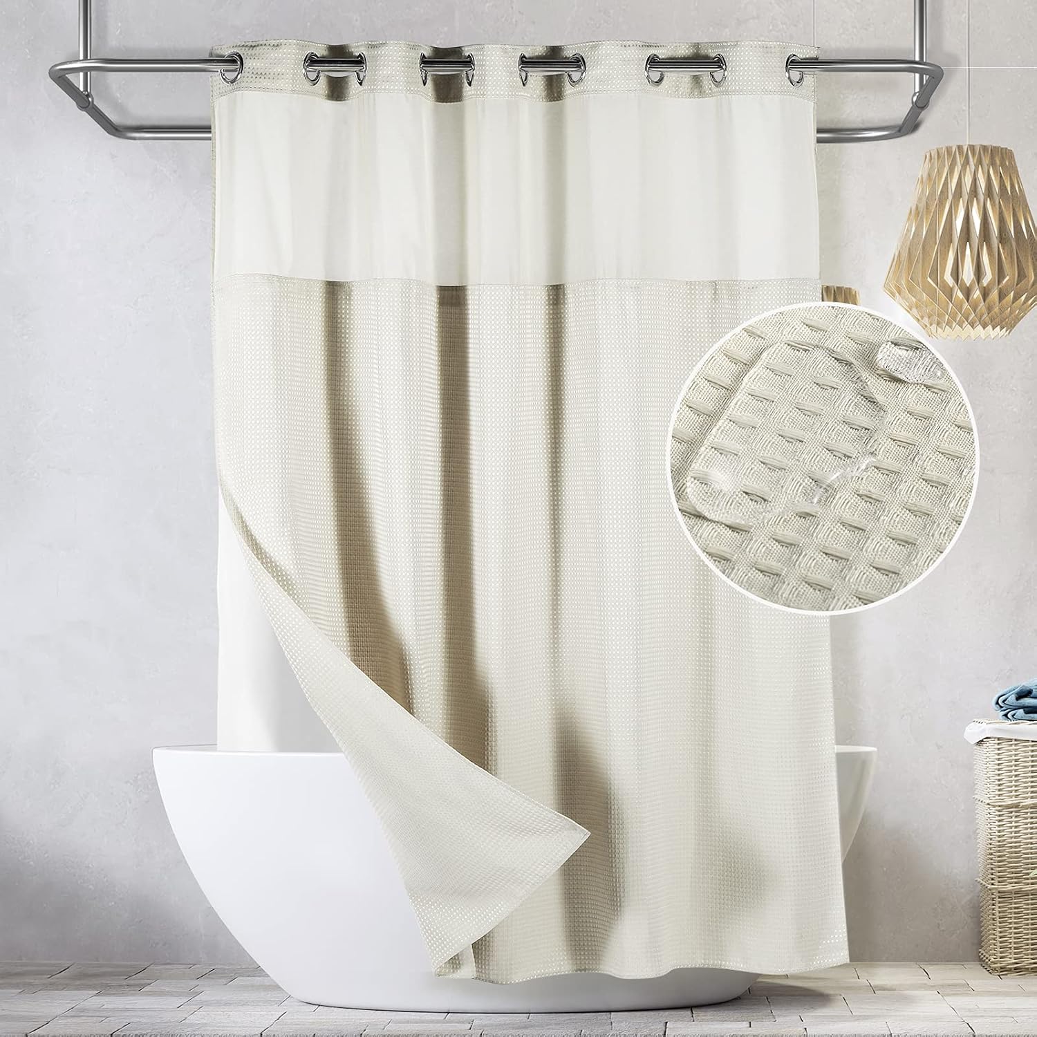 Lagute SnapHook Waffle Weave Fabric Hook Free Shower Curtain with Snapin Liner