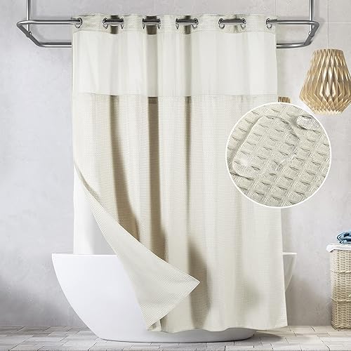 Lagute SnapHook - Cortina de ducha de tela de punto gofre sin gancho con forro a presión, cortina de baño extra larga resistente con parte superior