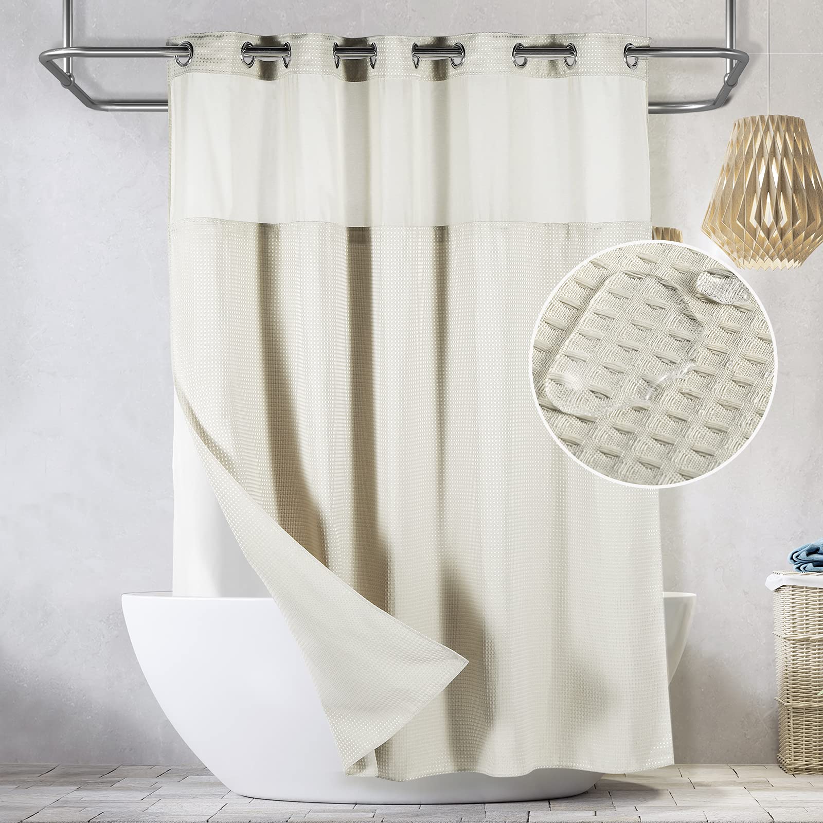 Lagute SnapHook Waffle Weave Fabric Hook Free Shower Curtain with Snap-in Liner, Extra Long Heavy Duty Bath Curtain with See Through Top, Hotel Grade,