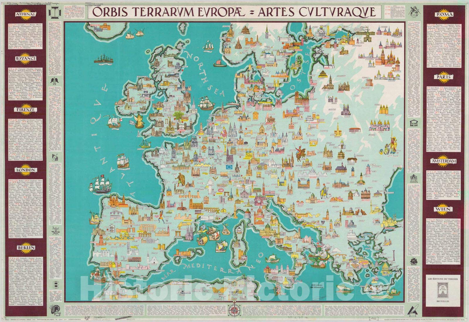 Historic PictoricHistoric Pictoric Map : Europe 1955, Orbis terrarum Europae, oeconomia & artes culturaque; sub auspiciis Europae Collegii Brugis, Antique Vintage Reproduction : 64in x 44in