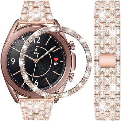 DEALELE Bands Compatible with Samsung Galaxy Watch 3 41mm, 20mm Luxury Diamond Stainless Steel Metal Bracelet with Rhinestone Bezel Ring Case Cover Replacement for Women Men