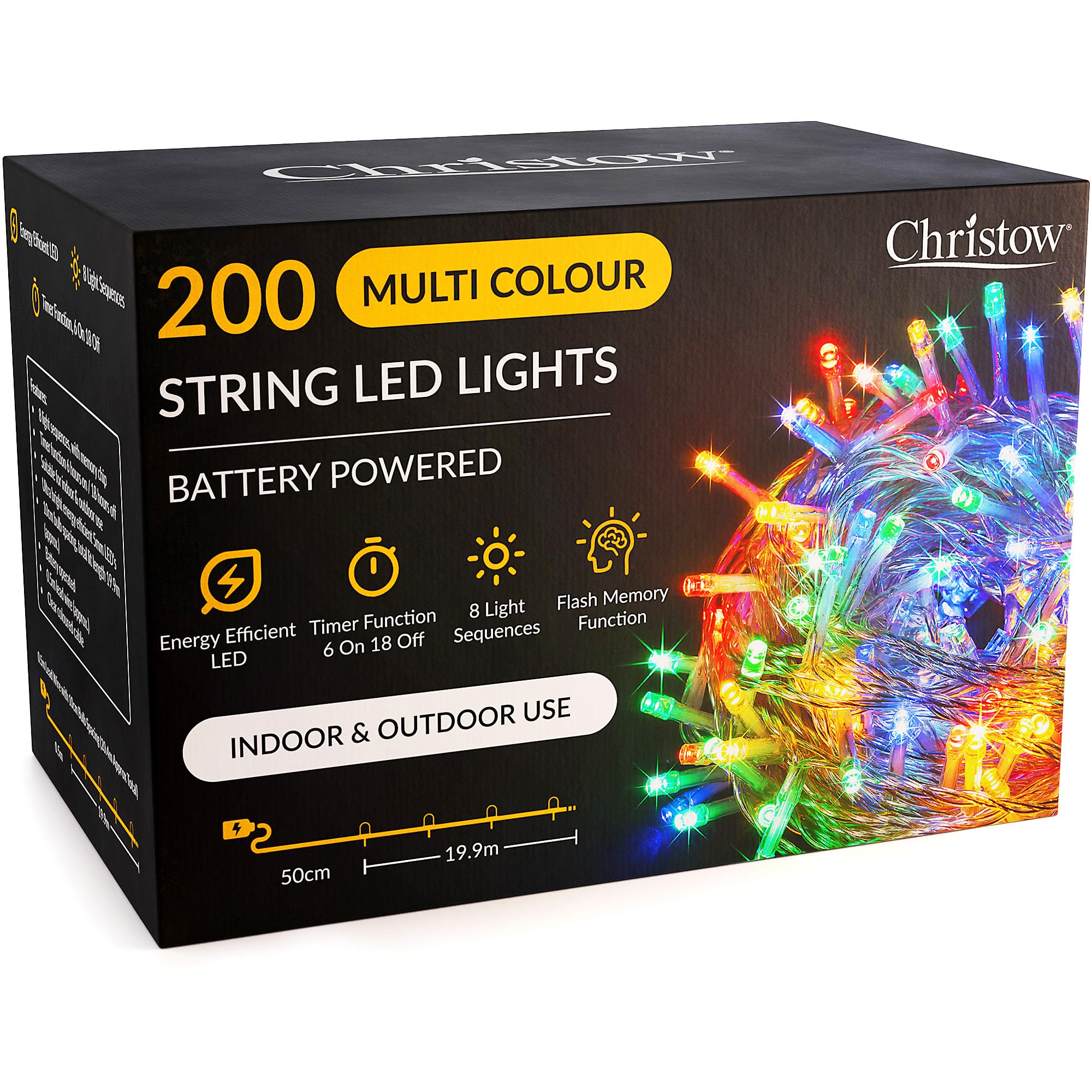 Christow Multi Coloured Christmas Fairy Lights Battery Operated, Multi-Coloured Led String Lighting With Timer, Indoor & Outdoor, 8 Light Modes Flashing & Static Glow, Clear Cable (200 Led / 20M Lit Length)