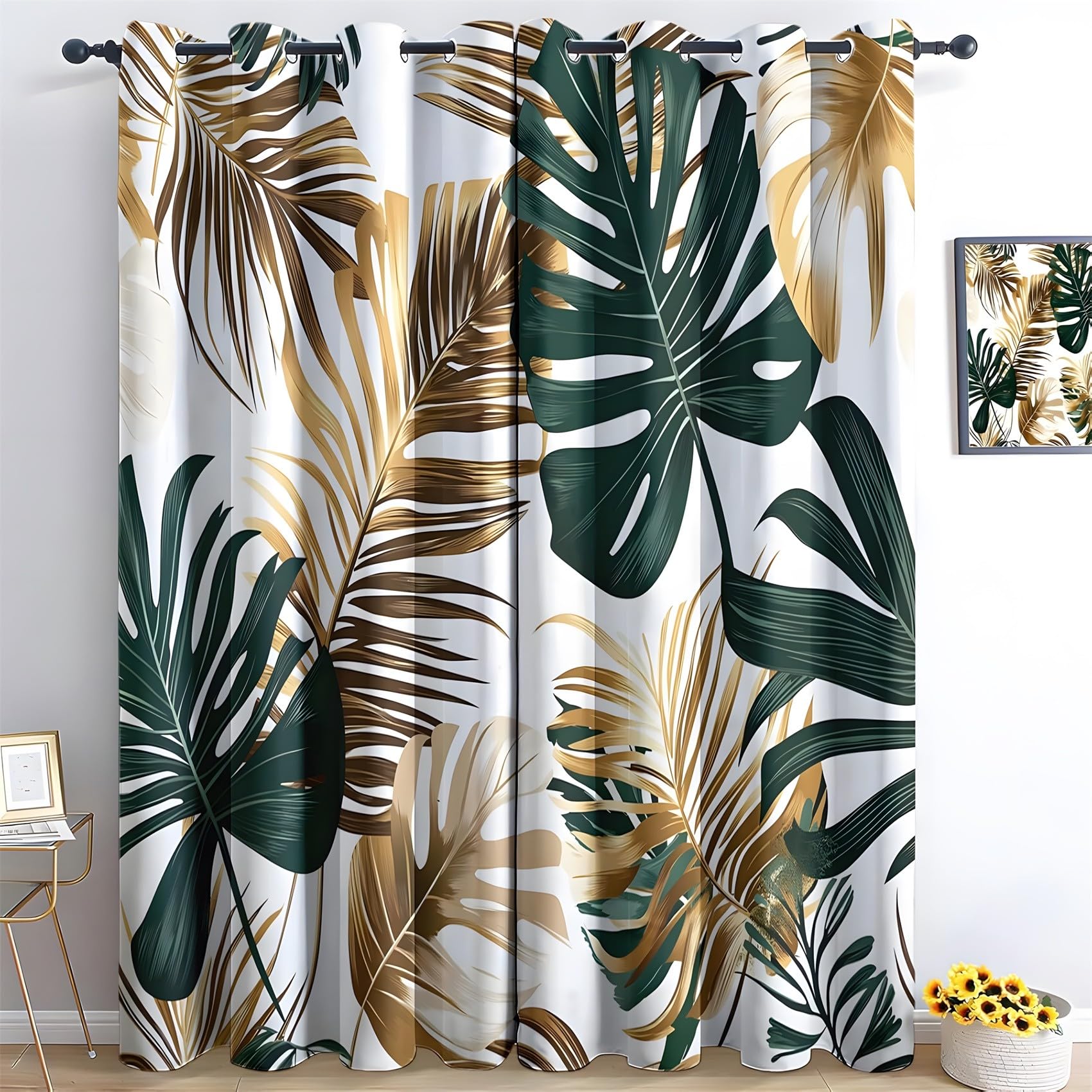 KaiHeBeding Tropical Leaves Blackout Curtains for Bedroom - Monstera Leaves Living Room Curtains 46x54 Eyelet - Soft Thermal Insulated Patterned Drapes for Windows - 2 Panels