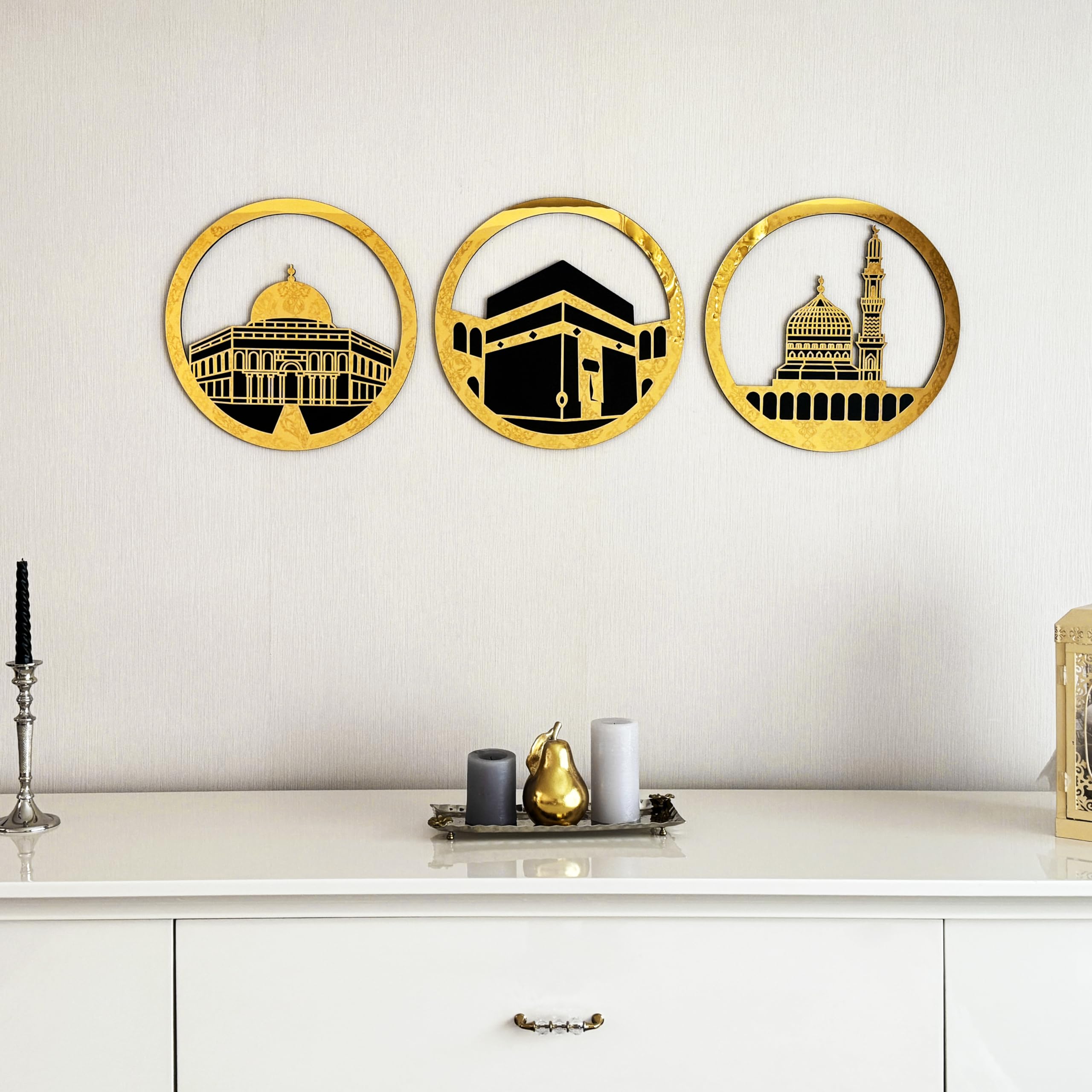 iwa concept Set of Masjid Al Aqsa, Masjid Al-Haram & Masjid An-Nabawi Islamic Wall Art | Wooden Acrylic Kaaba Wall Decor | Ramadan Decoration | Muslim Gift | (Small, Gold)