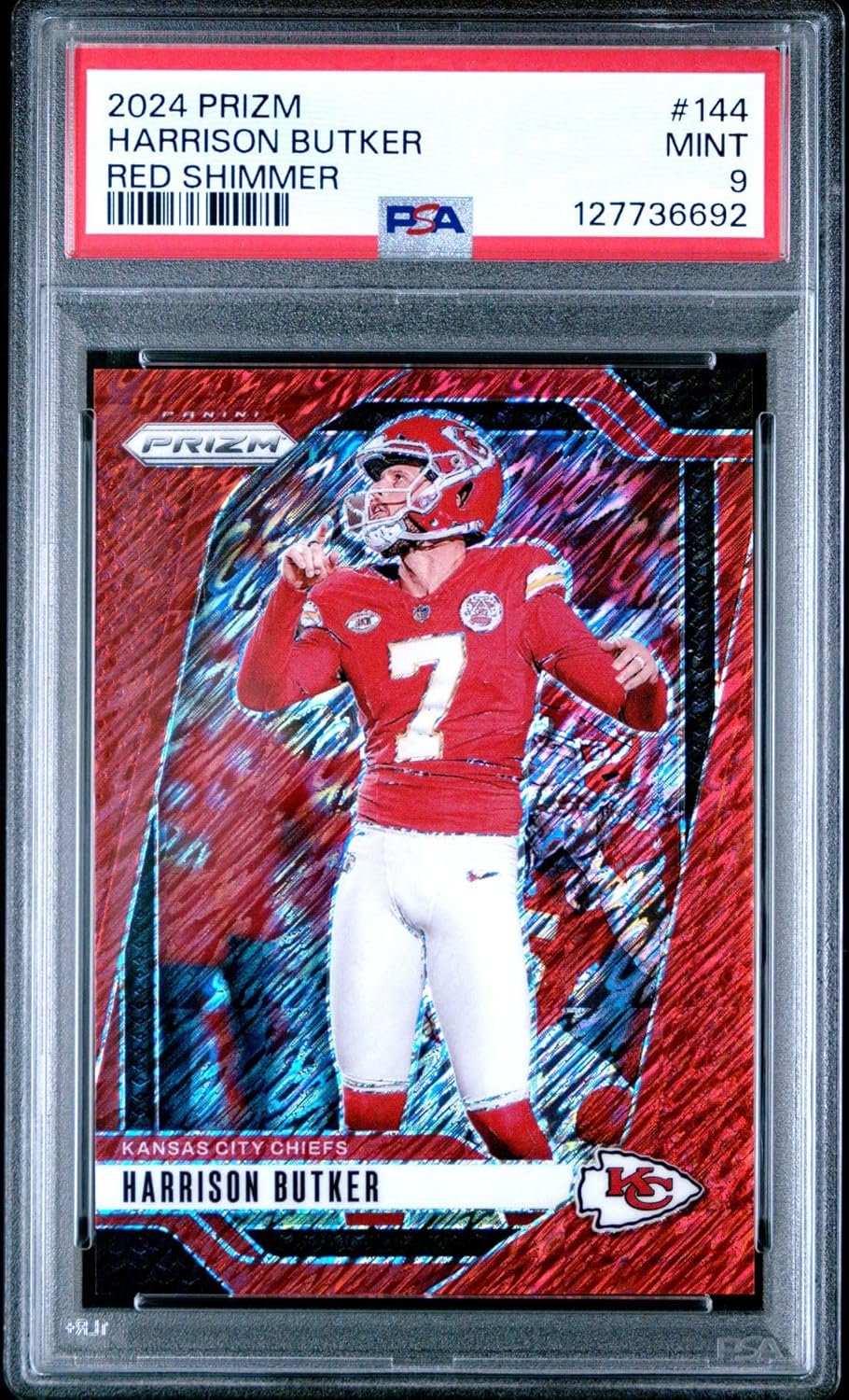 Harrison Butker 2024 Prizm Red Shimmer Football Card #144 Graded PSA 9/35 Cert #1277736692