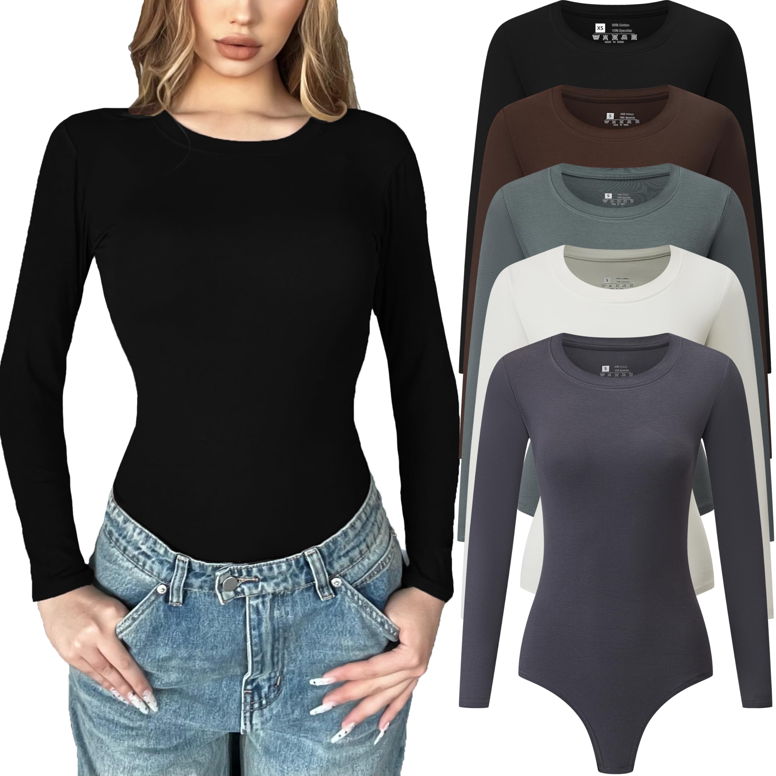 Chongbaijia Langarm-Body für Damen, Rundhalsausschnitt, lässig, dehnbar, Basic-T-Shirt, Bodysuits, Oberteile, 5 Stück