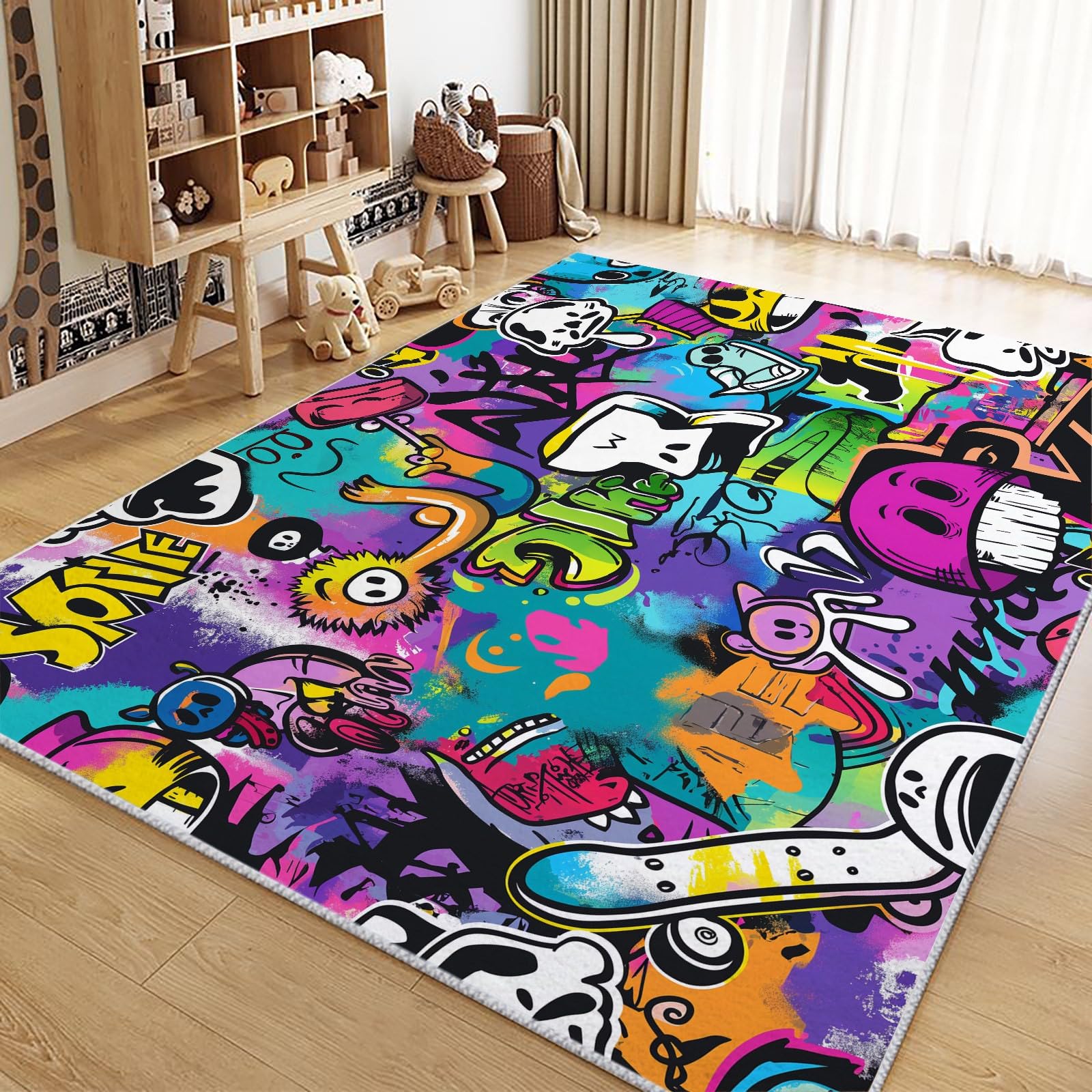 Tapis graffiti 140x200 cm de salon moderne antidérapant et lavable