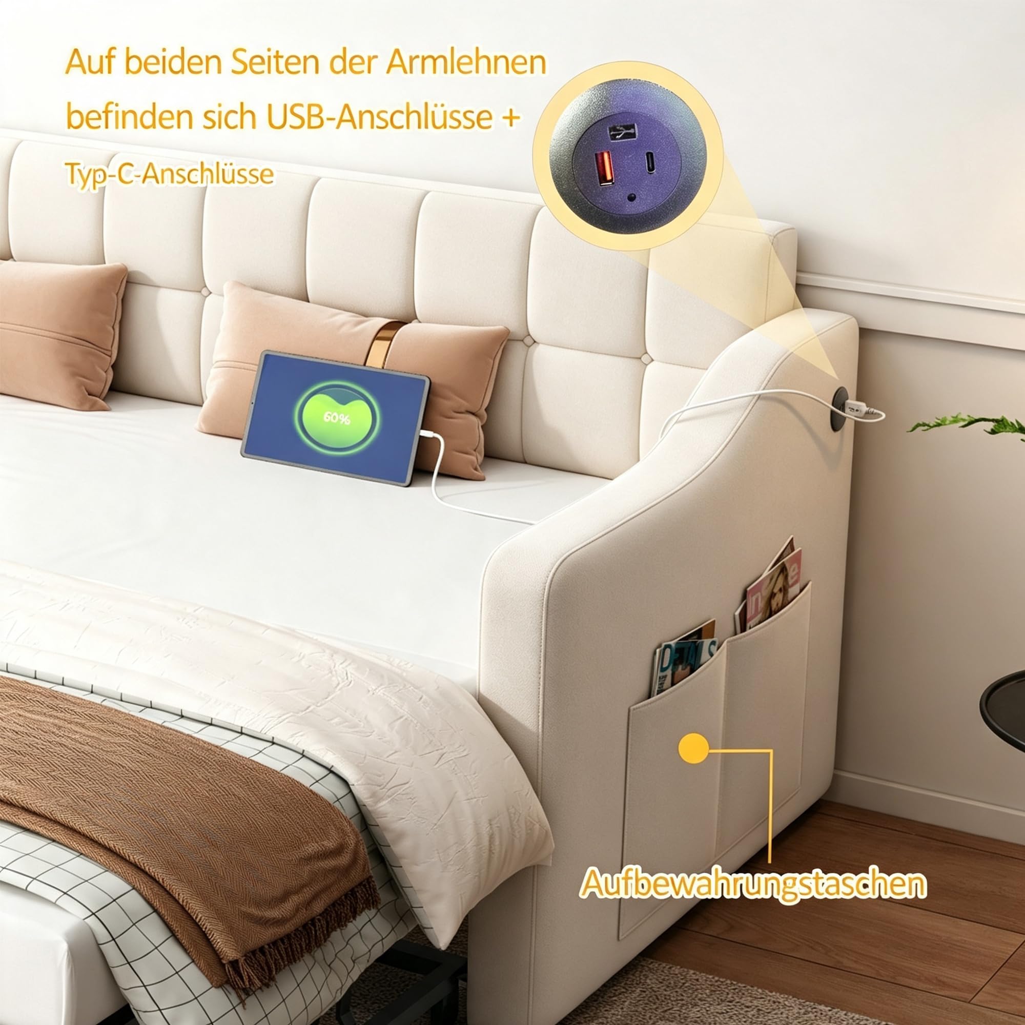 Canapé lit 90x190 cm avec lit gigogne, Prise électrique et Poche de Rangement en Bois, lit Banquette, Cadre de lit 1 Personnes 90x190 avec sommier à Lattes,Velours