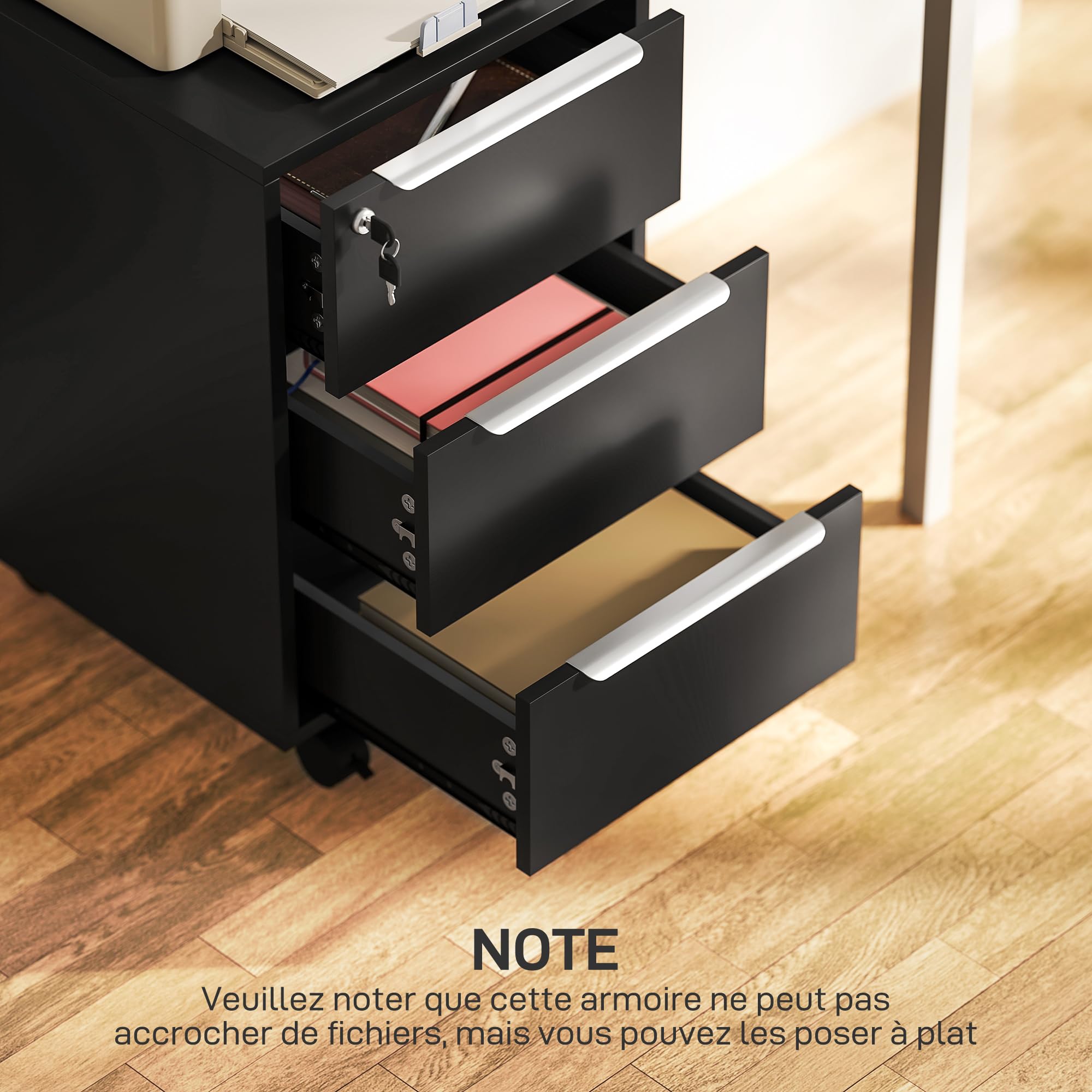 HOMCOM Cassettiera da scrivania mobile con 3 cassetti e serratura, mobile da scrivania su ruote, per documenti e stampante, contenitore compatto per lavoro o camera da letto, 40 x 40 x 63,5 cm, nero