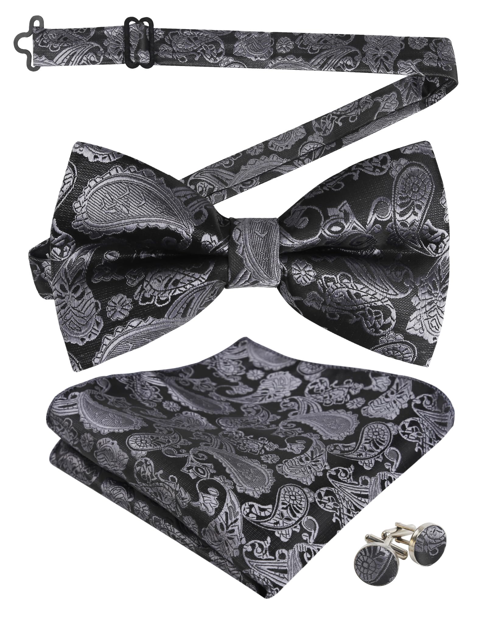 Men's Paisley Bow Tie, Hanky and Cufflinks Set (Gray)(Size: One Size)