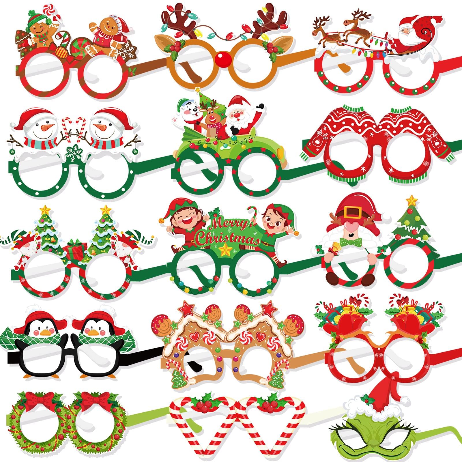 30pcs Merry Christmas Party Glasses, Funny Paper Photo Booth Prop for Christmas Favor Costume Accessories, Tree Wreath Santa Snowman Penguin Dwarf