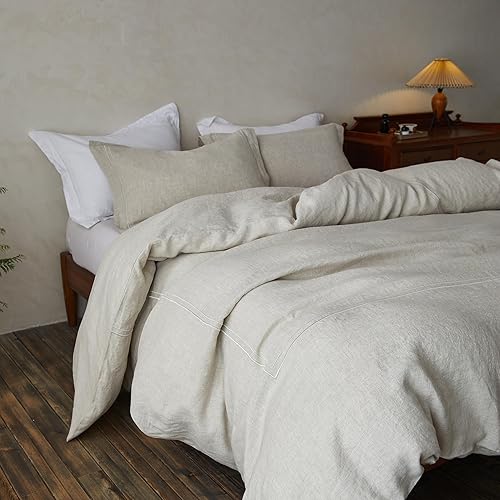 Miniatura 2 de Simple&Opulence Juego de funda de edredón 100% lino lavado de 88 x 92 pulgadas, juego de edredón suave de 3 piezas, doble bordado con cierre de