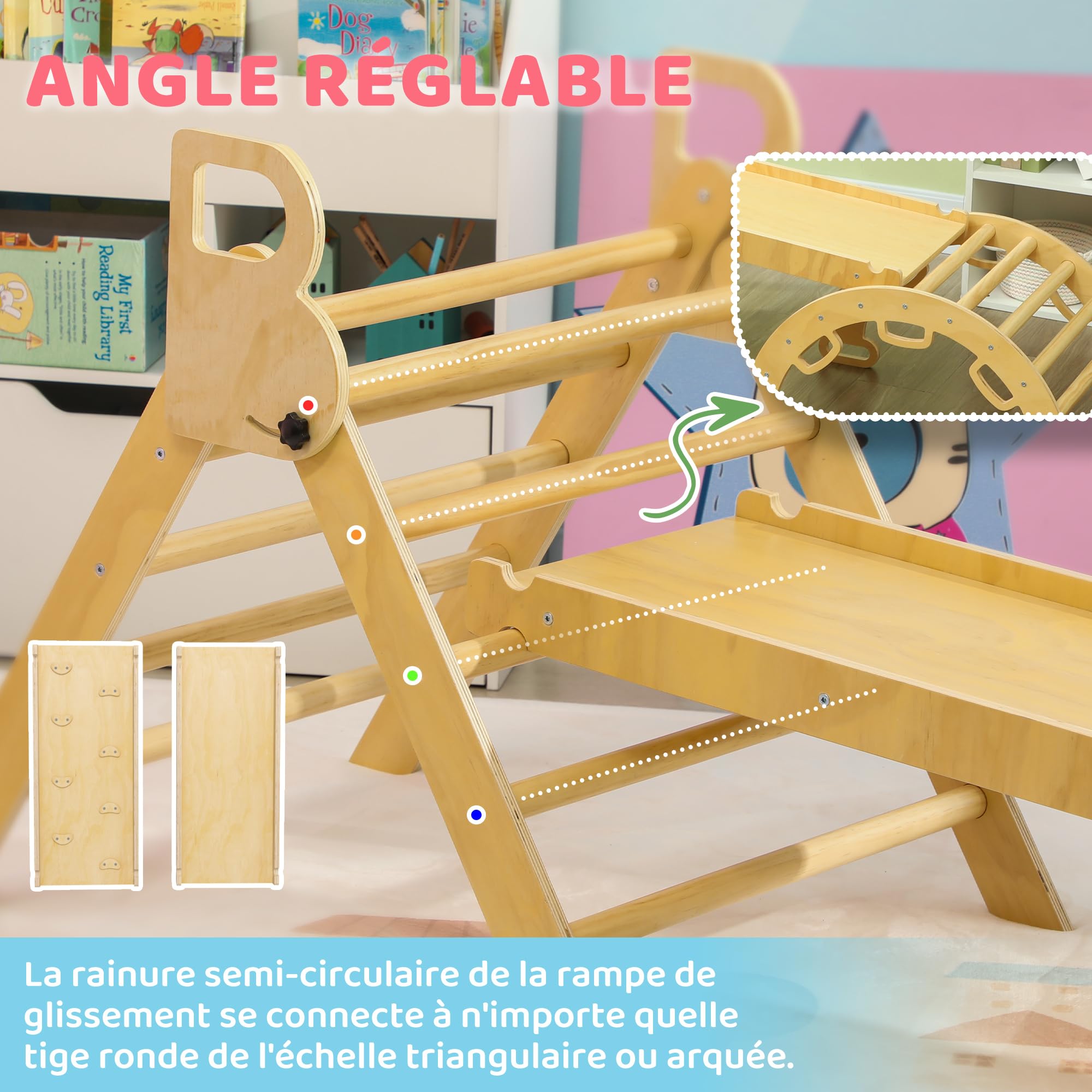 AIYAPLAY Triangle Arche d'escalade Enfants 5 en 1 50 kg Effet Bois Naturel | Avec Triangle d'Escalade, Rampe Réversible, Toboggan, Bascule, pour Bébé 18-48 Mois, Parcours Motricité Bébé