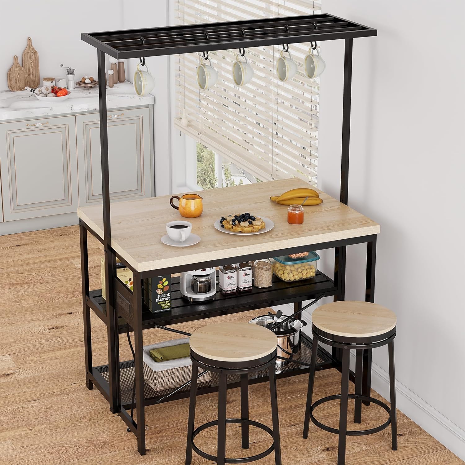 107 cm Large Kitchen Island Table Bakers Rack with Power Outlet and 3-Tier Storage-Microwave Stand Oven Shelf, Metal Coffee Bar Table ,Kitchen Storage Shelf for Dining Living Room, 5 Hooks，47"*28"*72"