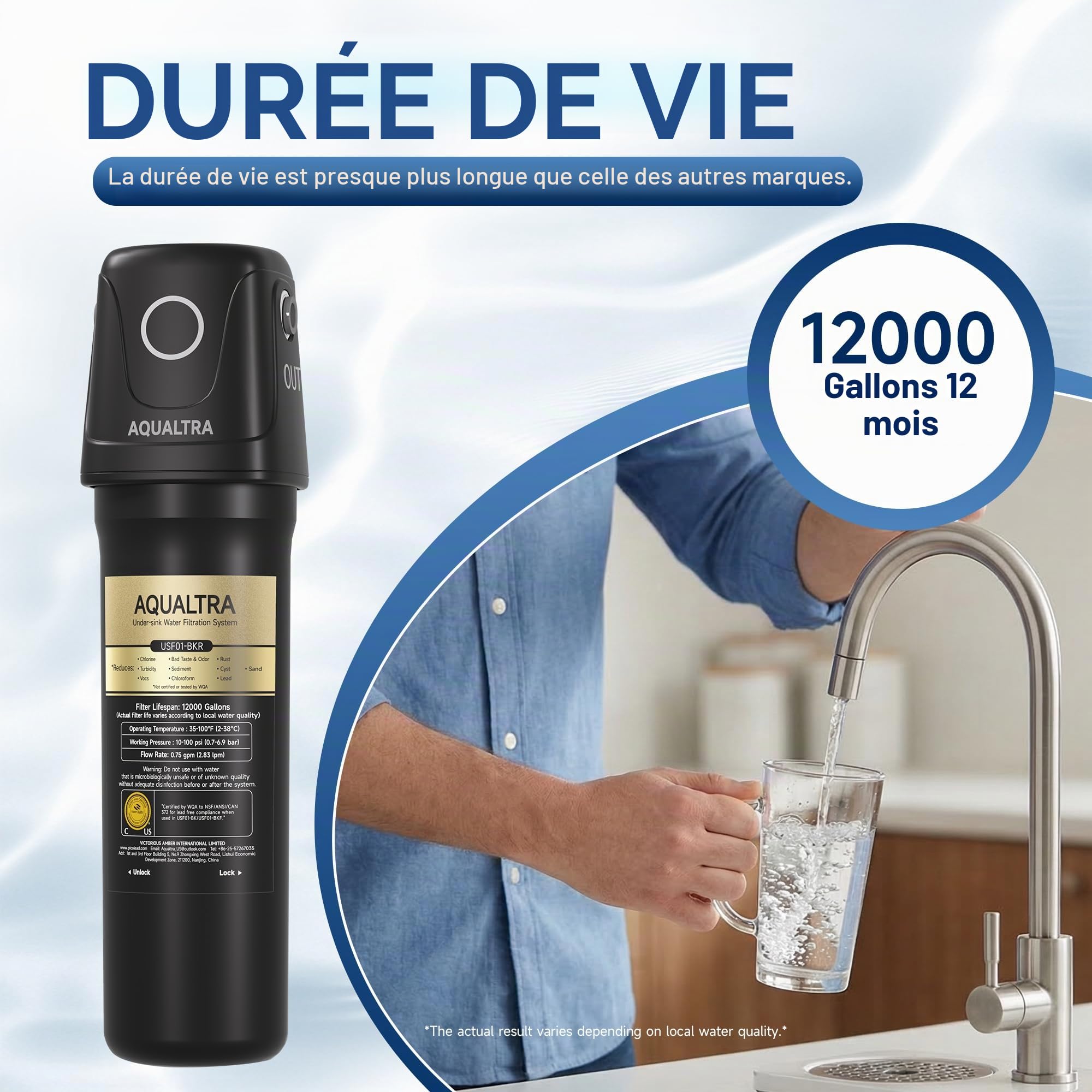 AQUALTRA USF01-BKF Système sous évier avec robinet, 45400L, certifié NSF/ANSI/CAN 372, réduit PFOA, PFOS, chlore, plomb, mercure, chloramine, fluorure, microplastiques, mauvais goût & odeur