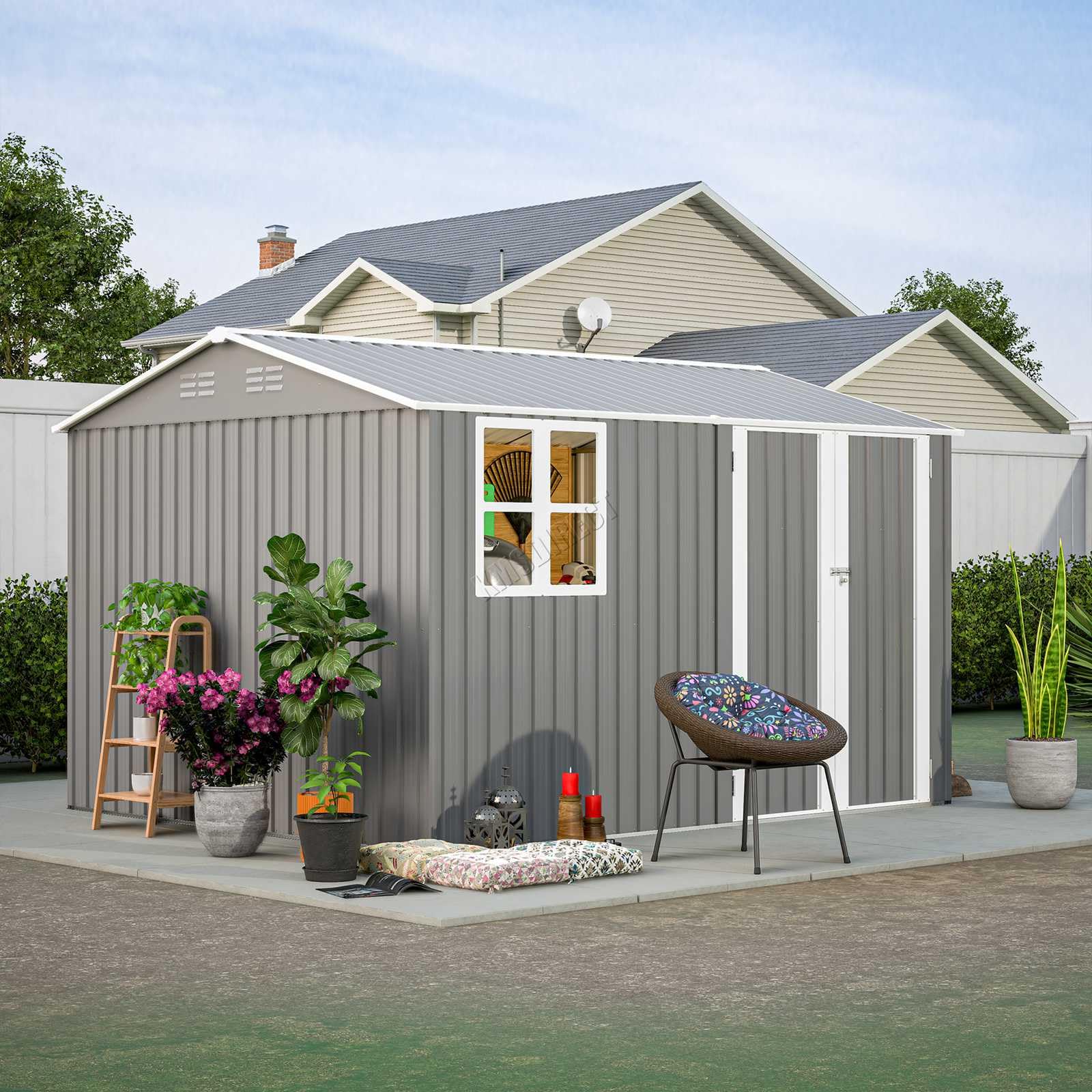 BIRCHTREE Garden Shed Steel Apex Roof House Outdoor Backyard Storage With Lockable Double Doors Window Free Foundation Tool Equipment Organizer Air Vents 10x10FT Grey — view 10