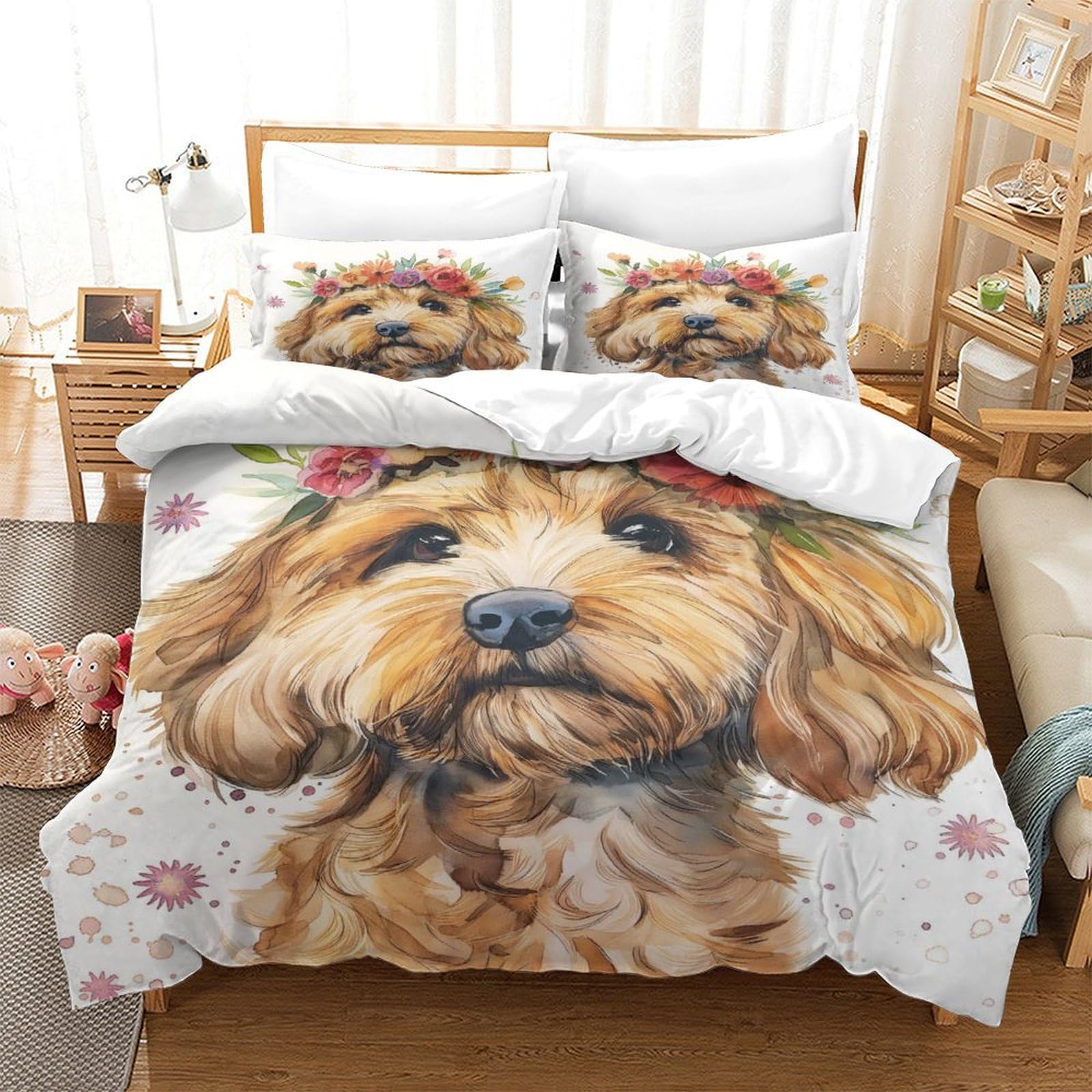 TNFHSOFT Cockapoo Dog Duvet Cover Set 3D Quilt Cover Decorative Microfiber Comforter Cover Set with Pillow Shams, Zipper, Soft Lightweight 3 Pieces King（220x240cm）