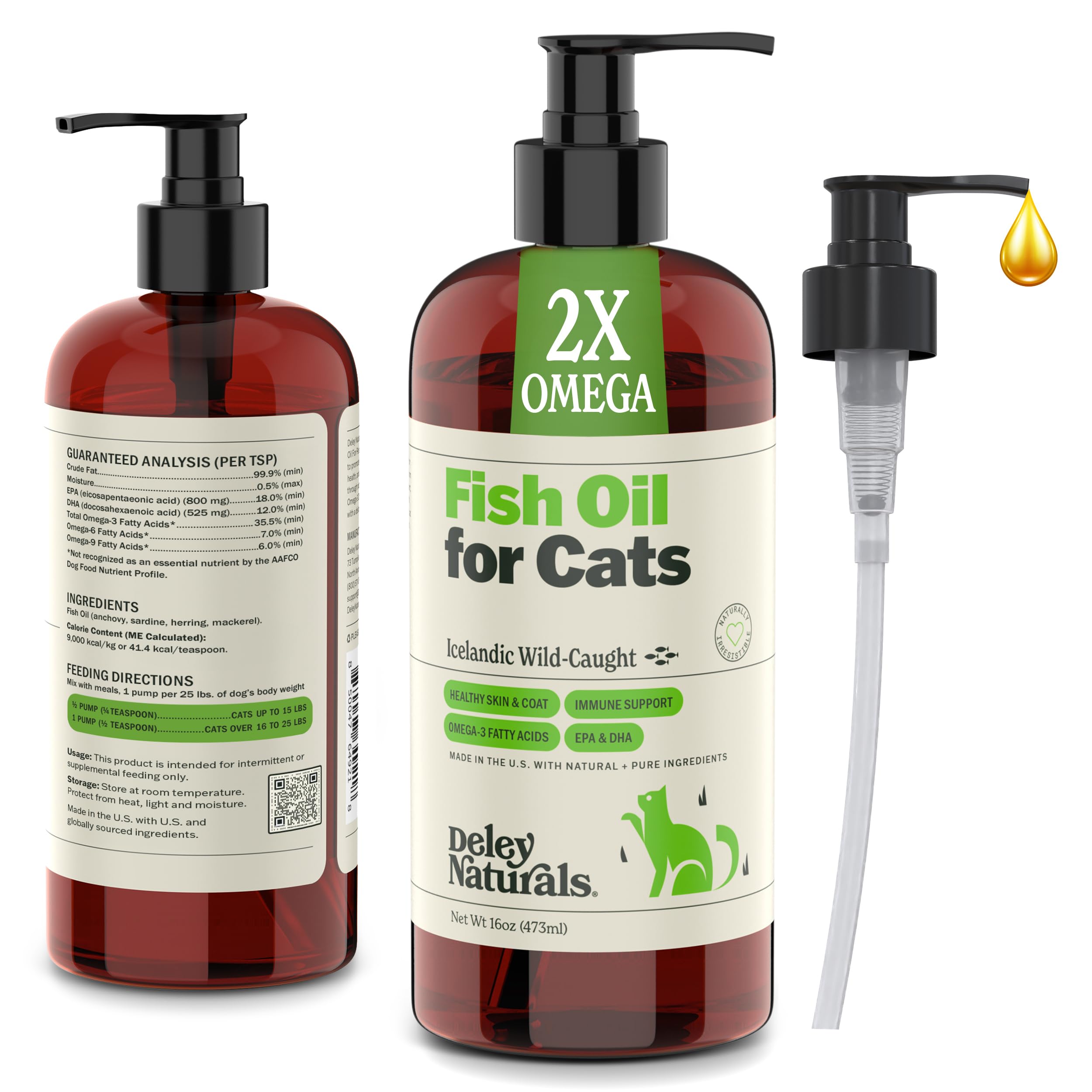 Deley Naturals Wild Caught Fish Oil for Cats with 2X Omega - Cat Fish Oil with Highest EPA & DHA Potency - Omega 3 for Cats for Shedding, Skin, Coat, Joints, Heart and Immune System - Made in The USA