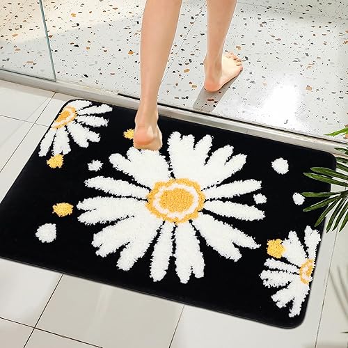 Miniatura 6 de Alfombra de baño negra con diseño de flores bonitas, alfombra estética, alfombra de baño, lavable a máquina, alfombra de baño de felpa para