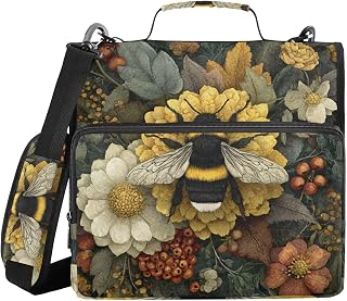 Bumblebee Flower 3 D Ring 2 inch Zipper Binder Bag with Strap | Multi-Pocket Portfolio D-Ring Organizer Case for 13 Inch Laptop Middle School