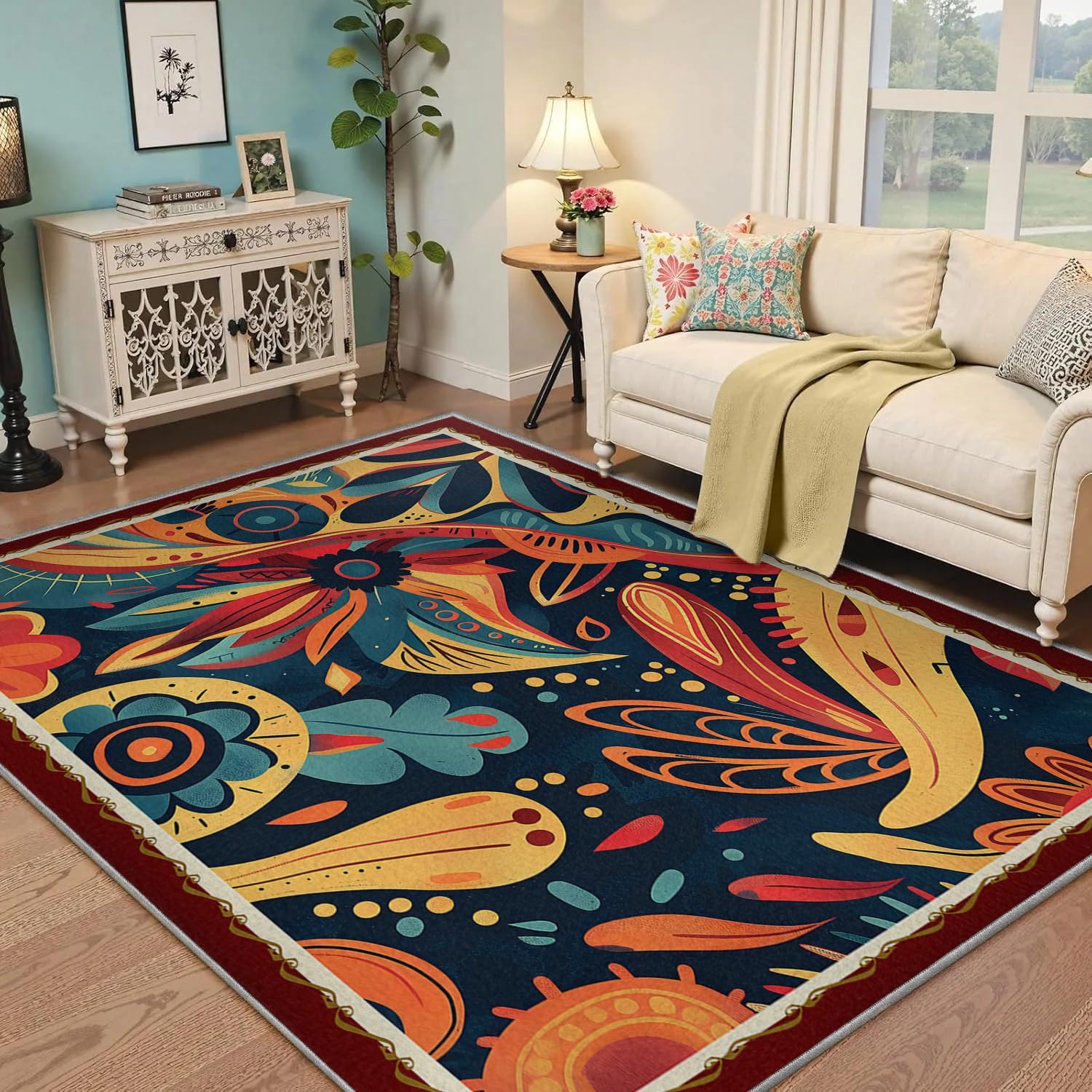 Tapis moderne exotique floral abstrait grand format salon entrée